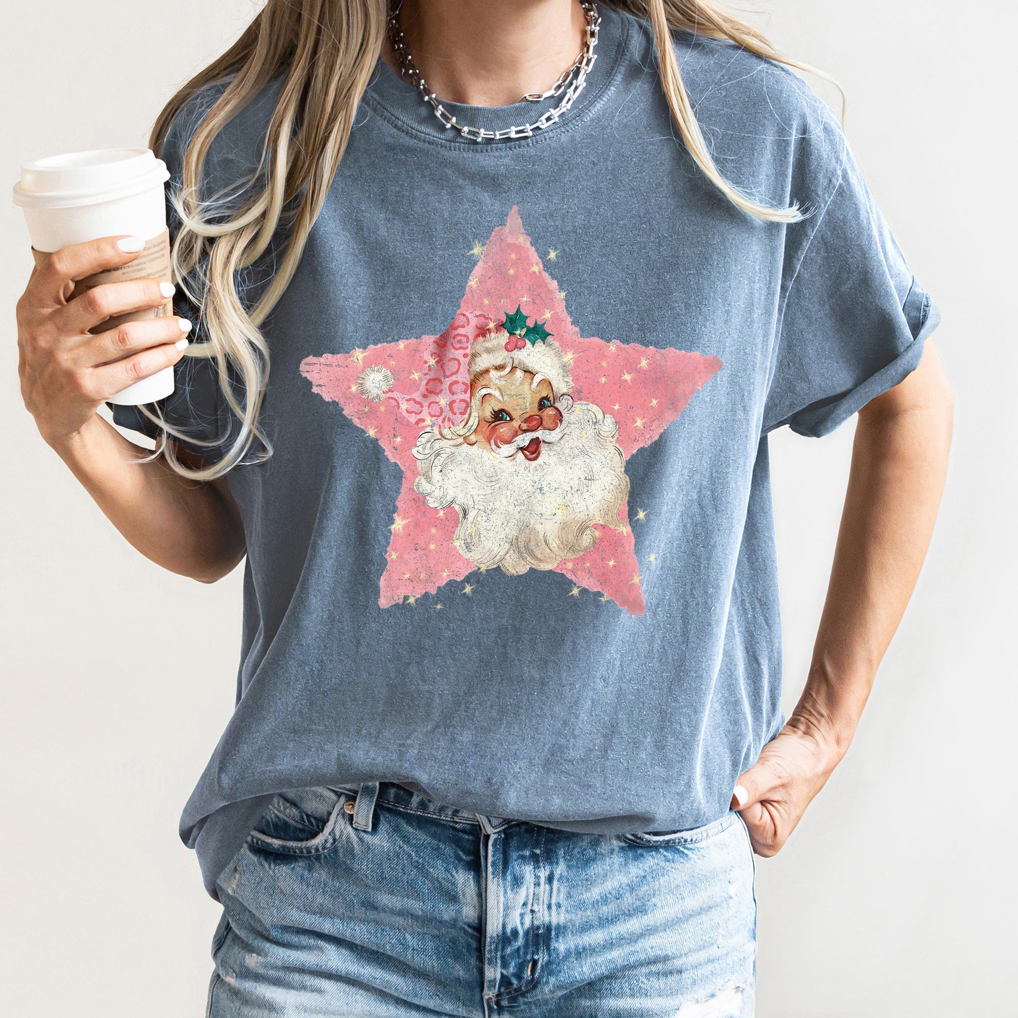 Pink Star Retro Santa Christmas Vintage Holiday Classic Ornament Metallic Glitter Finish Graphic Comfort Colors Tee