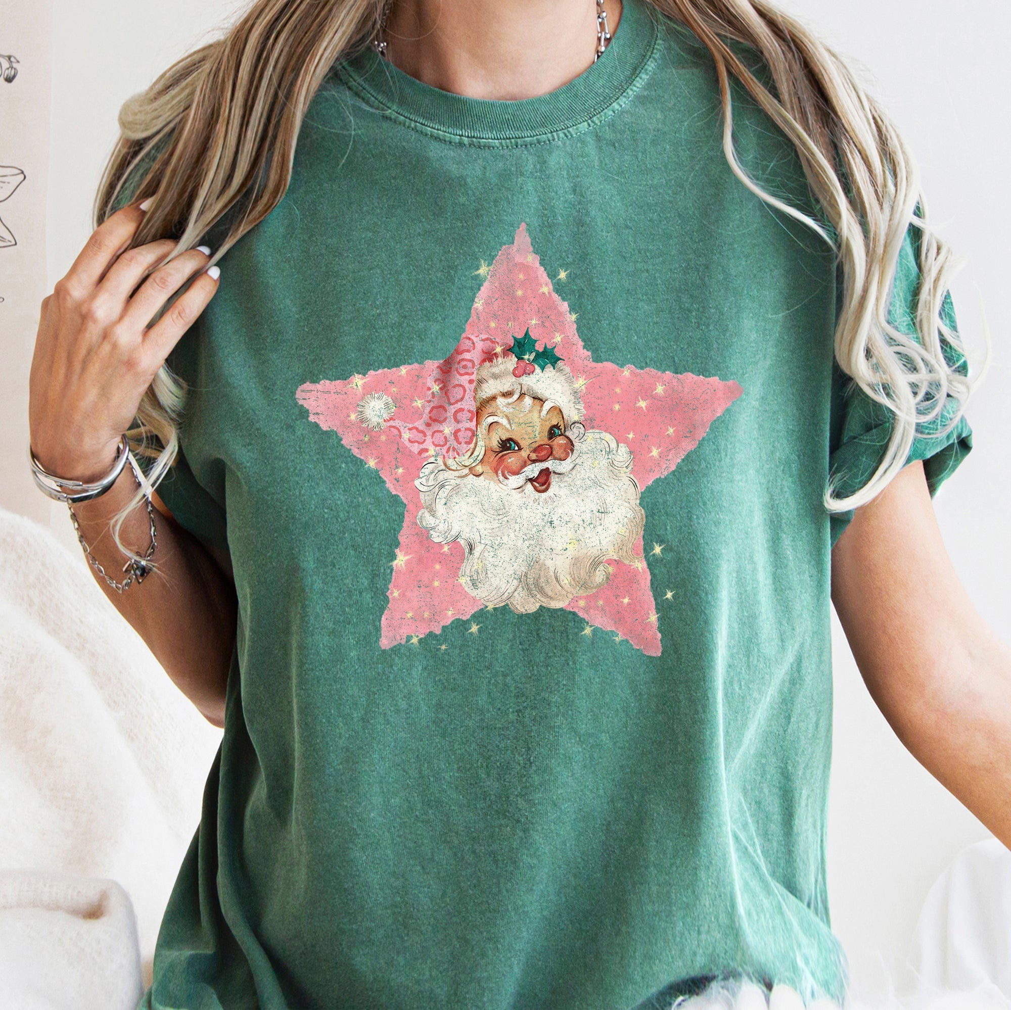 Pink Star Retro Santa Christmas Vintage Holiday Classic Ornament Metallic Glitter Finish Graphic Comfort Colors Tee