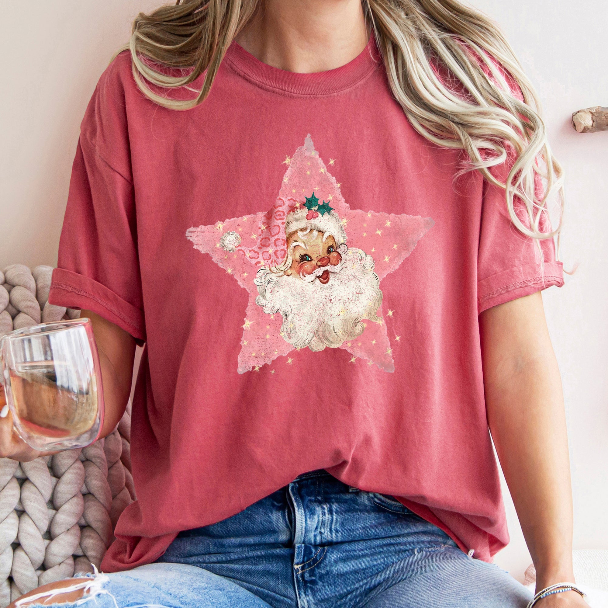 Pink Star Retro Santa Christmas Vintage Holiday Classic Ornament Metallic Glitter Finish Graphic Comfort Colors Tee