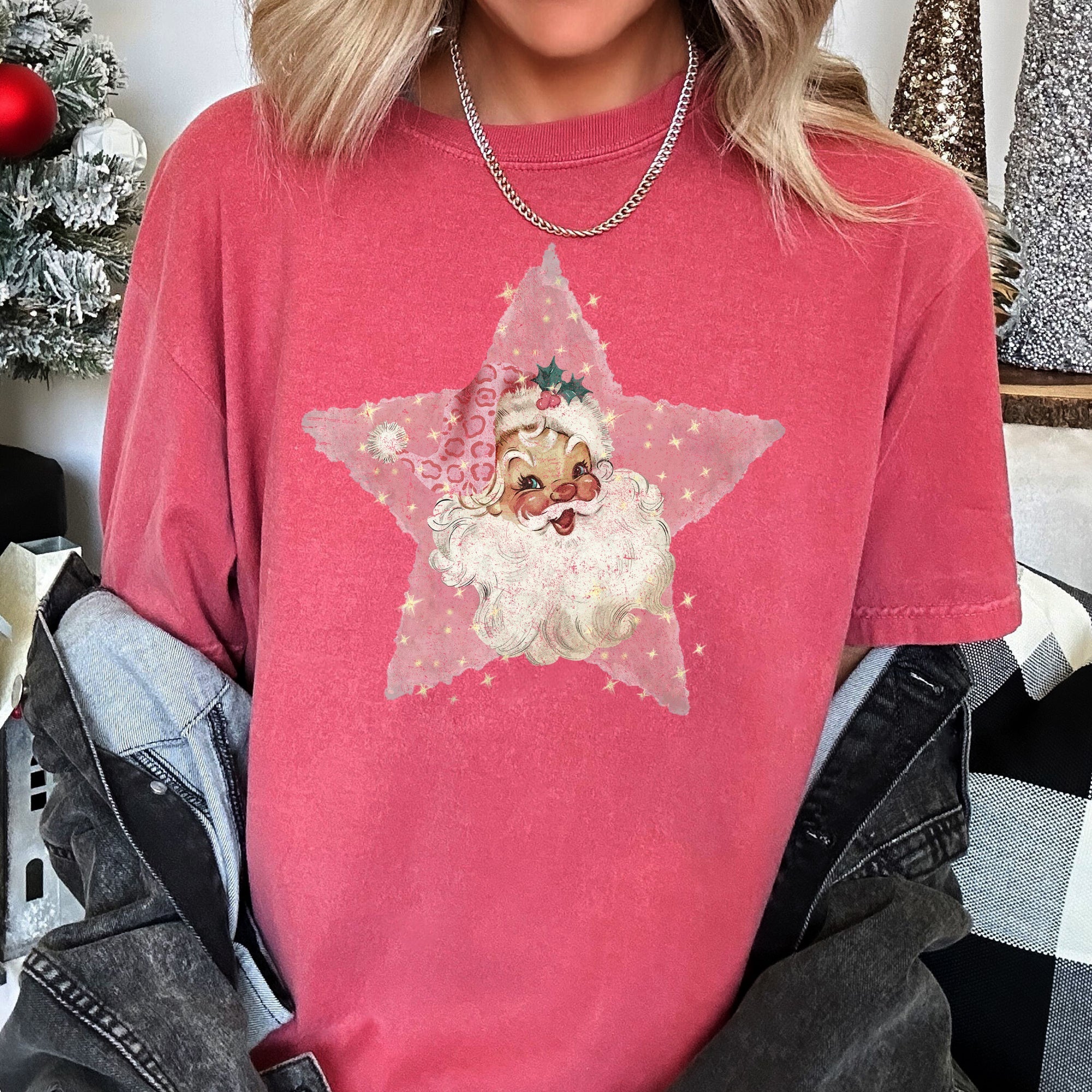 Pink Star Retro Santa Christmas Vintage Holiday Classic Ornament Metallic Glitter Finish Graphic Comfort Colors Tee