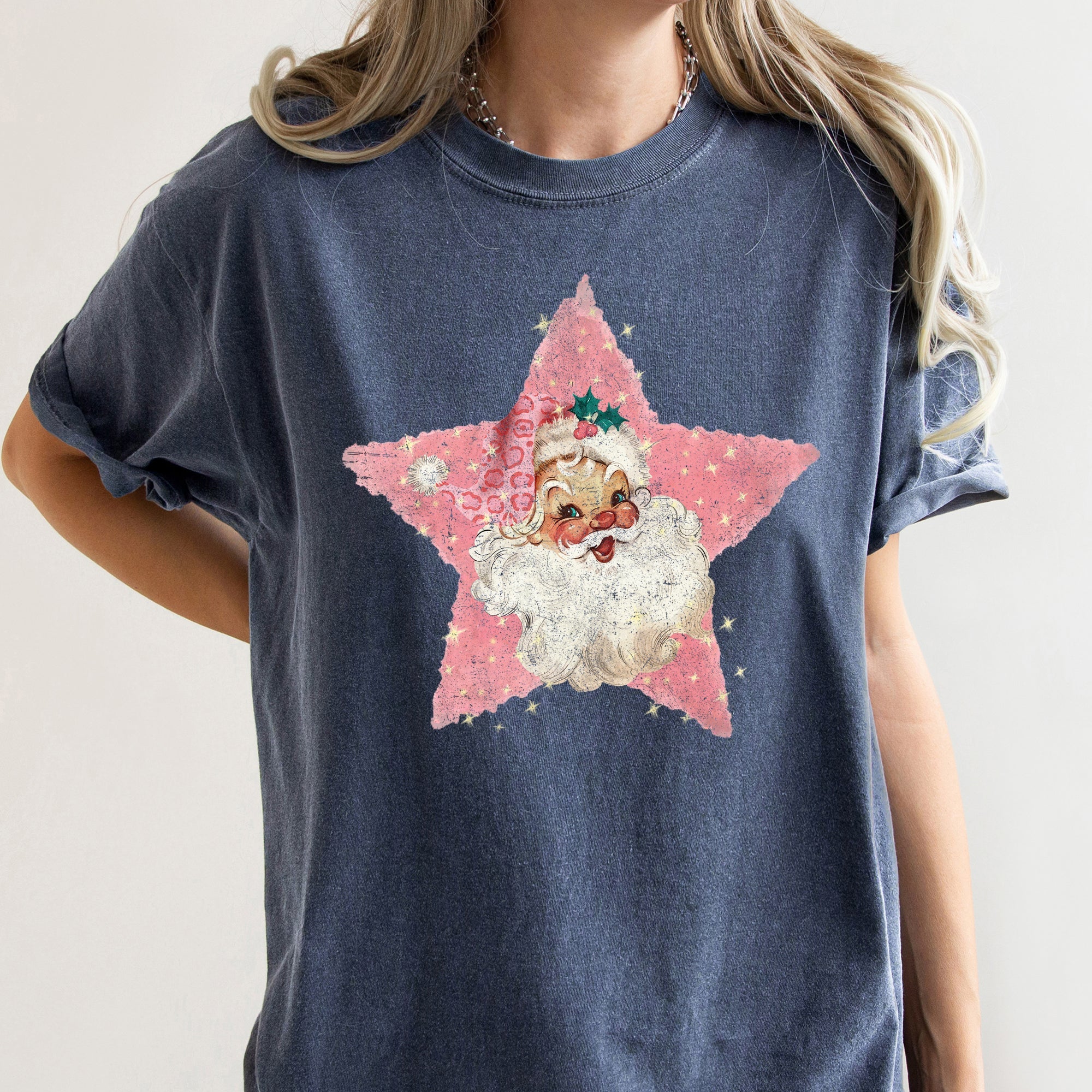 Pink Star Retro Santa Christmas Vintage Holiday Classic Ornament Metallic Glitter Finish Graphic Comfort Colors Tee