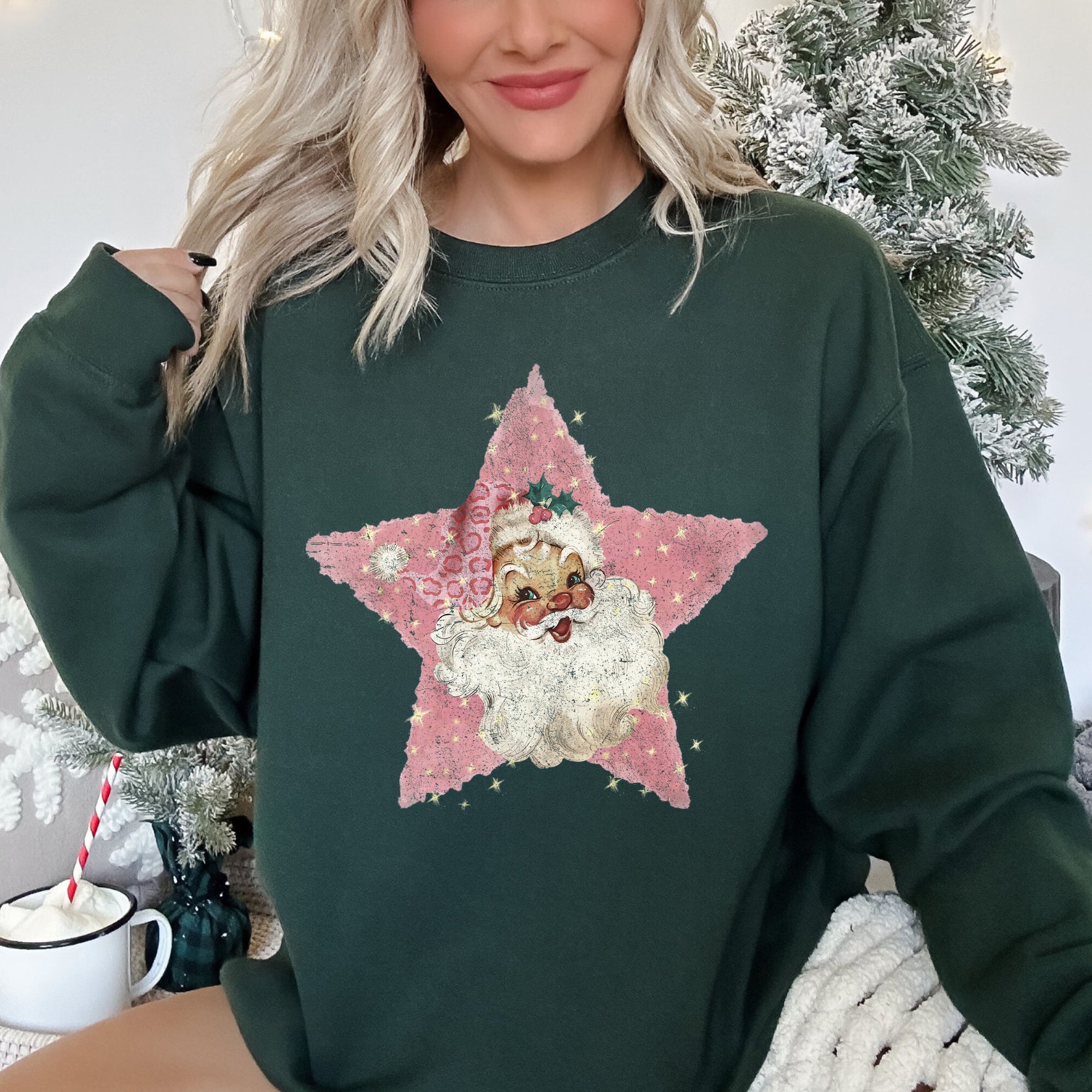 Pink Star Retro Santa Christmas Vintage Festive Holiday Pattern Illustration Sweatshirt