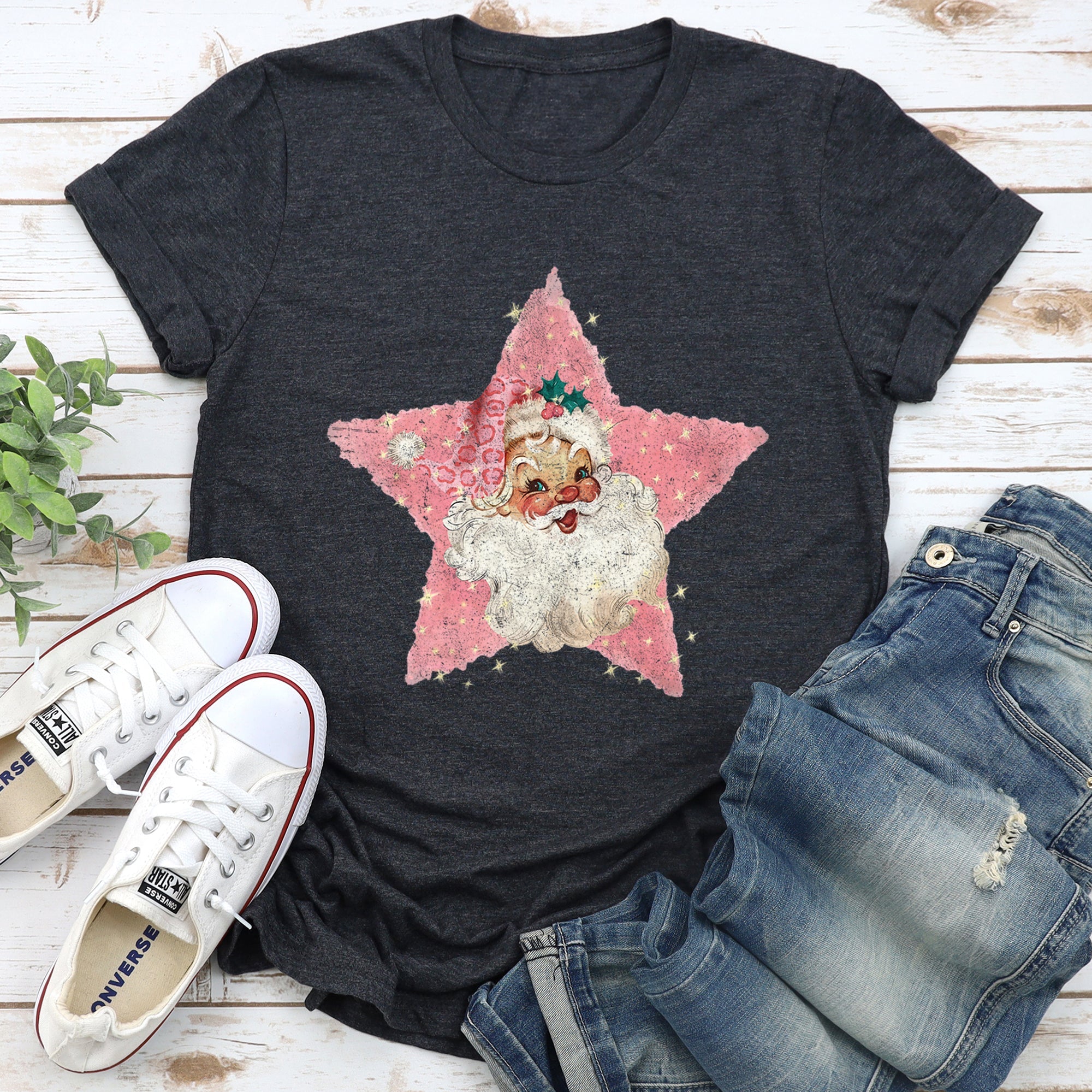 Pink Star Retro Santa Christmas Vintage Studio Art Illustration Design Graphic Tee