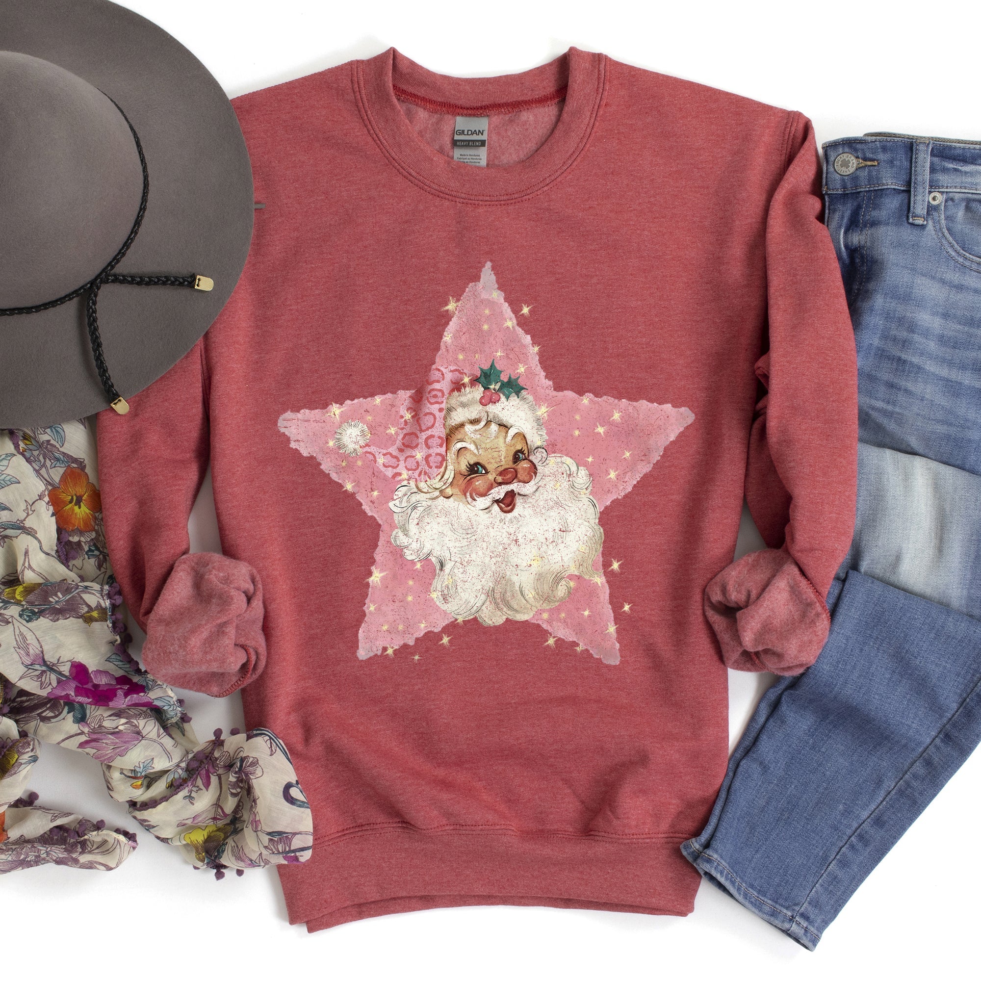 Pink Star Retro Santa Christmas Vintage Festive Holiday Pattern Illustration Sweatshirt