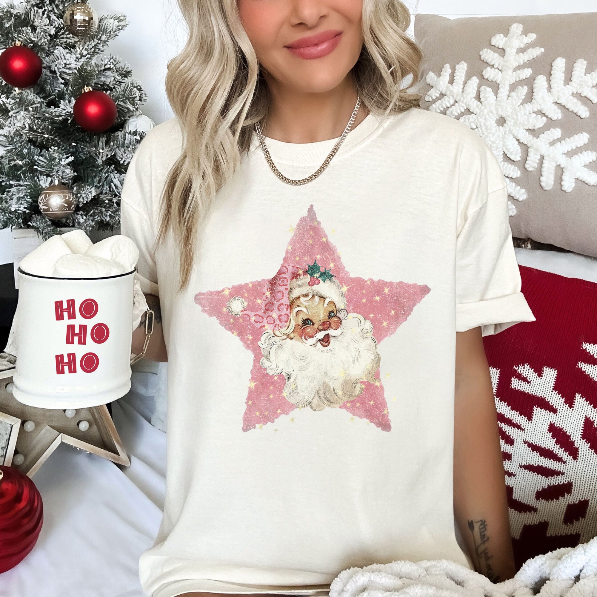 Pink Star Retro Santa Christmas Vintage Holiday Classic Ornament Metallic Glitter Finish Graphic Comfort Colors Tee