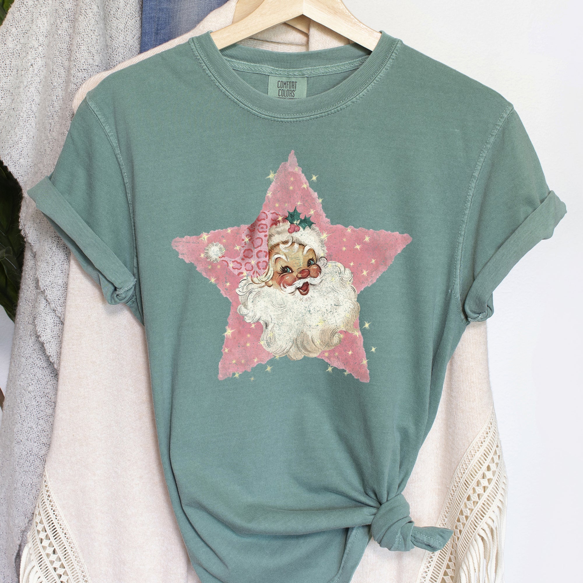 Pink Star Retro Santa Christmas Vintage Holiday Classic Ornament Metallic Glitter Finish Graphic Comfort Colors Tee