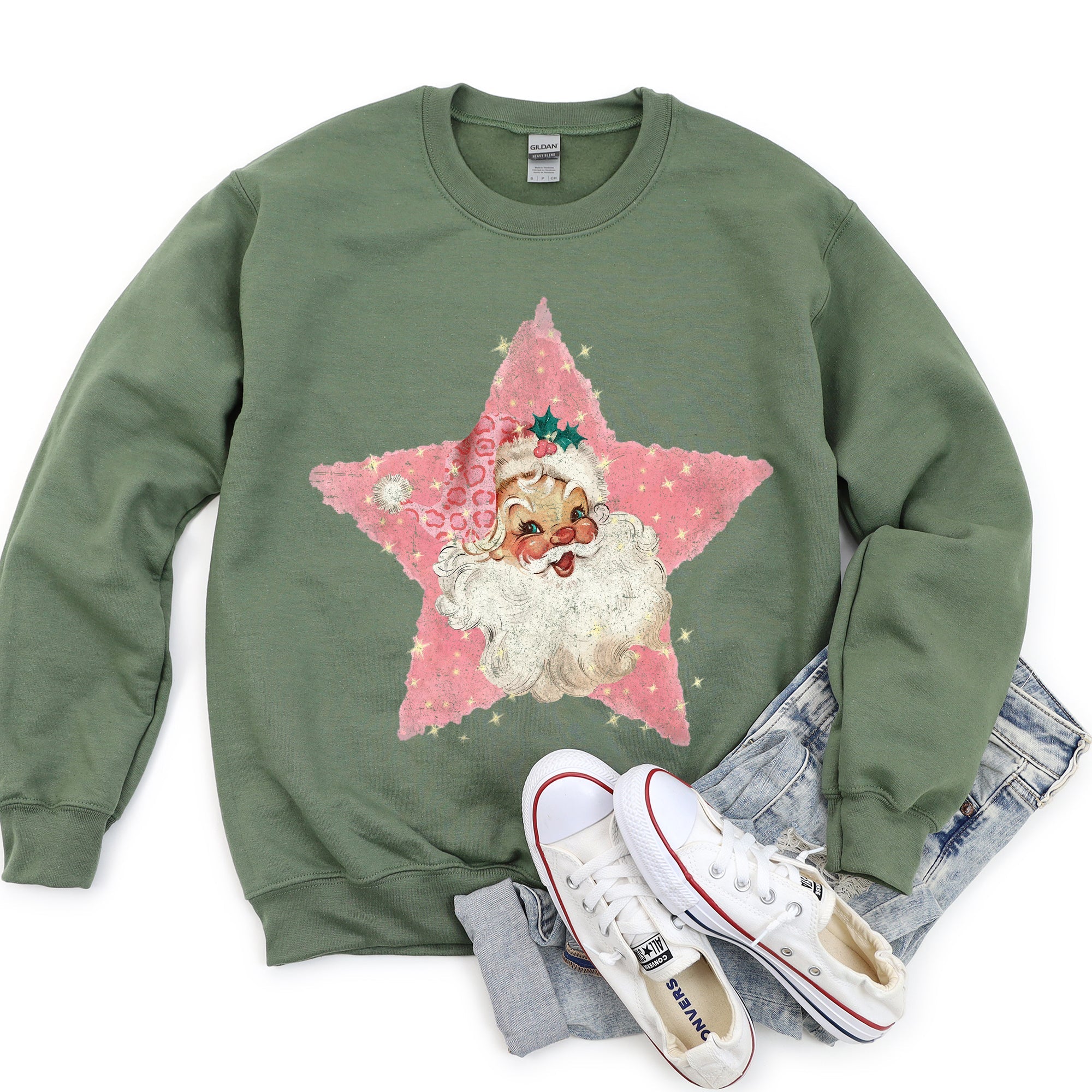 Pink Star Retro Santa Christmas Vintage Festive Holiday Pattern Illustration Sweatshirt