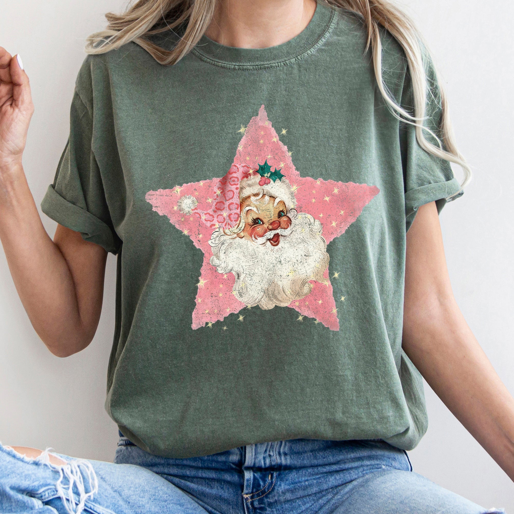 Pink Star Retro Santa Christmas Vintage Holiday Classic Ornament Metallic Glitter Finish Graphic Comfort Colors Tee