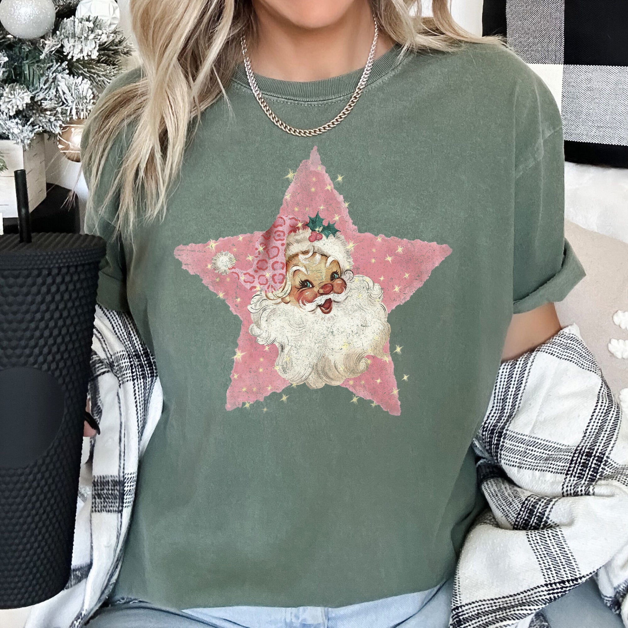 Pink Star Retro Santa Christmas Vintage Holiday Classic Ornament Metallic Glitter Finish Graphic Comfort Colors Tee