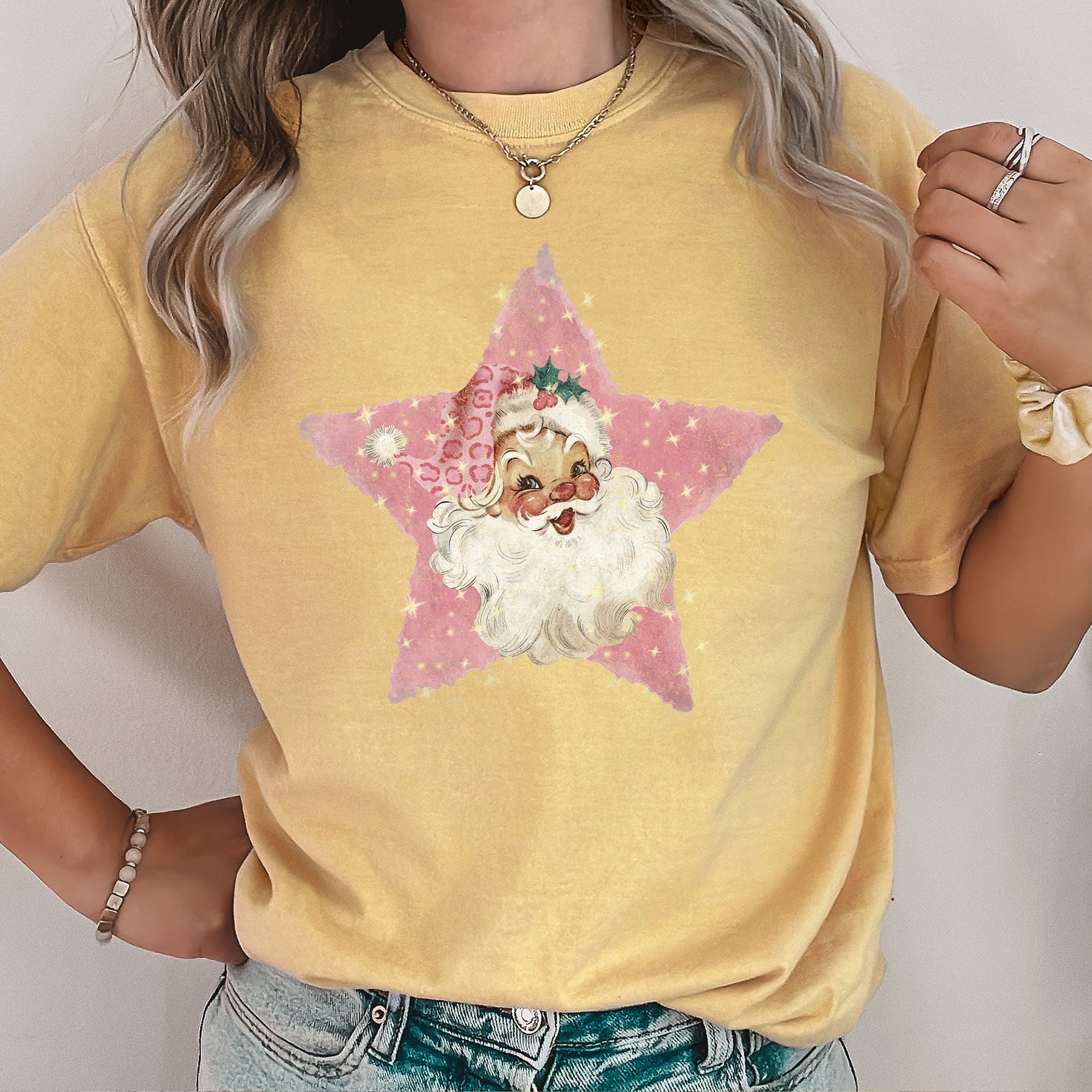 Pink Star Retro Santa Christmas Vintage Holiday Classic Ornament Metallic Glitter Finish Graphic Comfort Colors Tee