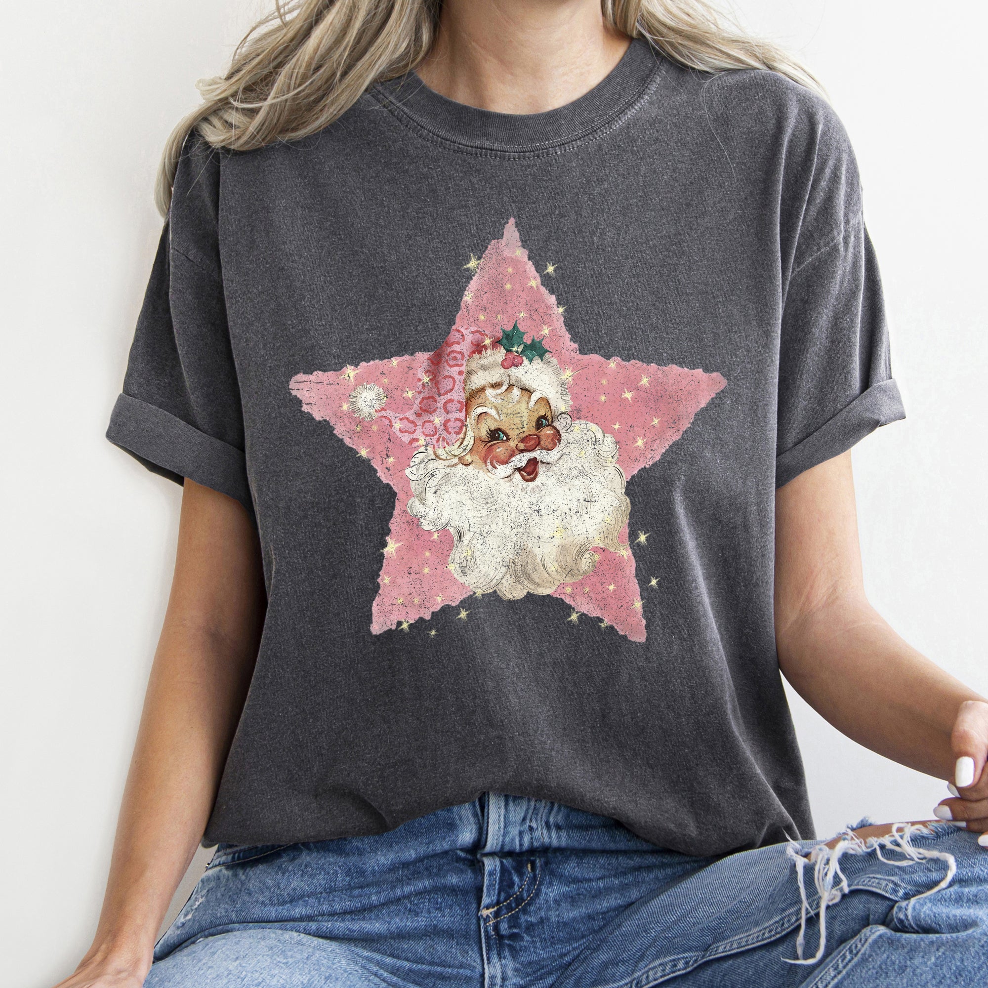 Pink Star Retro Santa Christmas Vintage Holiday Classic Ornament Metallic Glitter Finish Graphic Comfort Colors Tee
