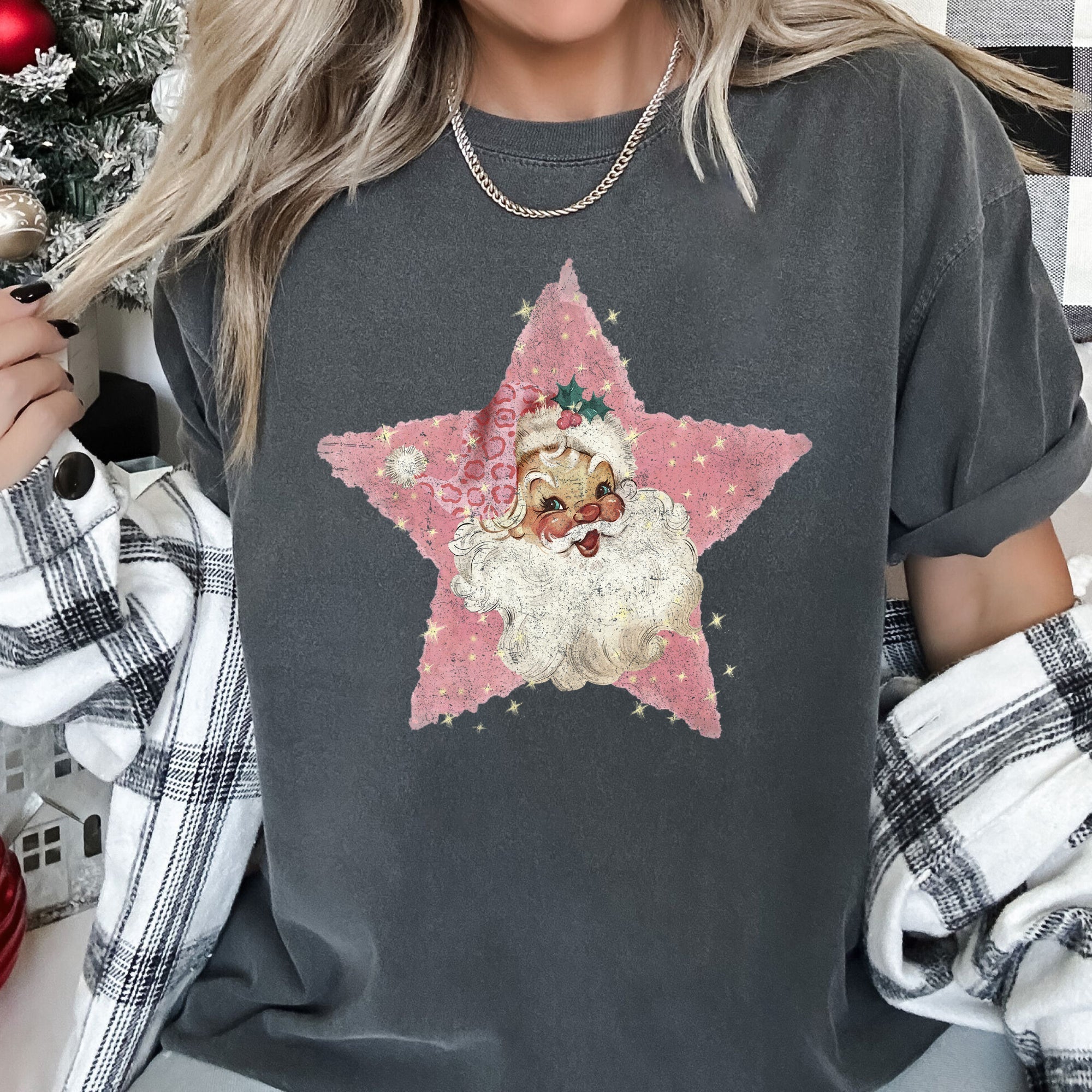 Pink Star Retro Santa Christmas Vintage Holiday Classic Ornament Metallic Glitter Finish Graphic Comfort Colors Tee