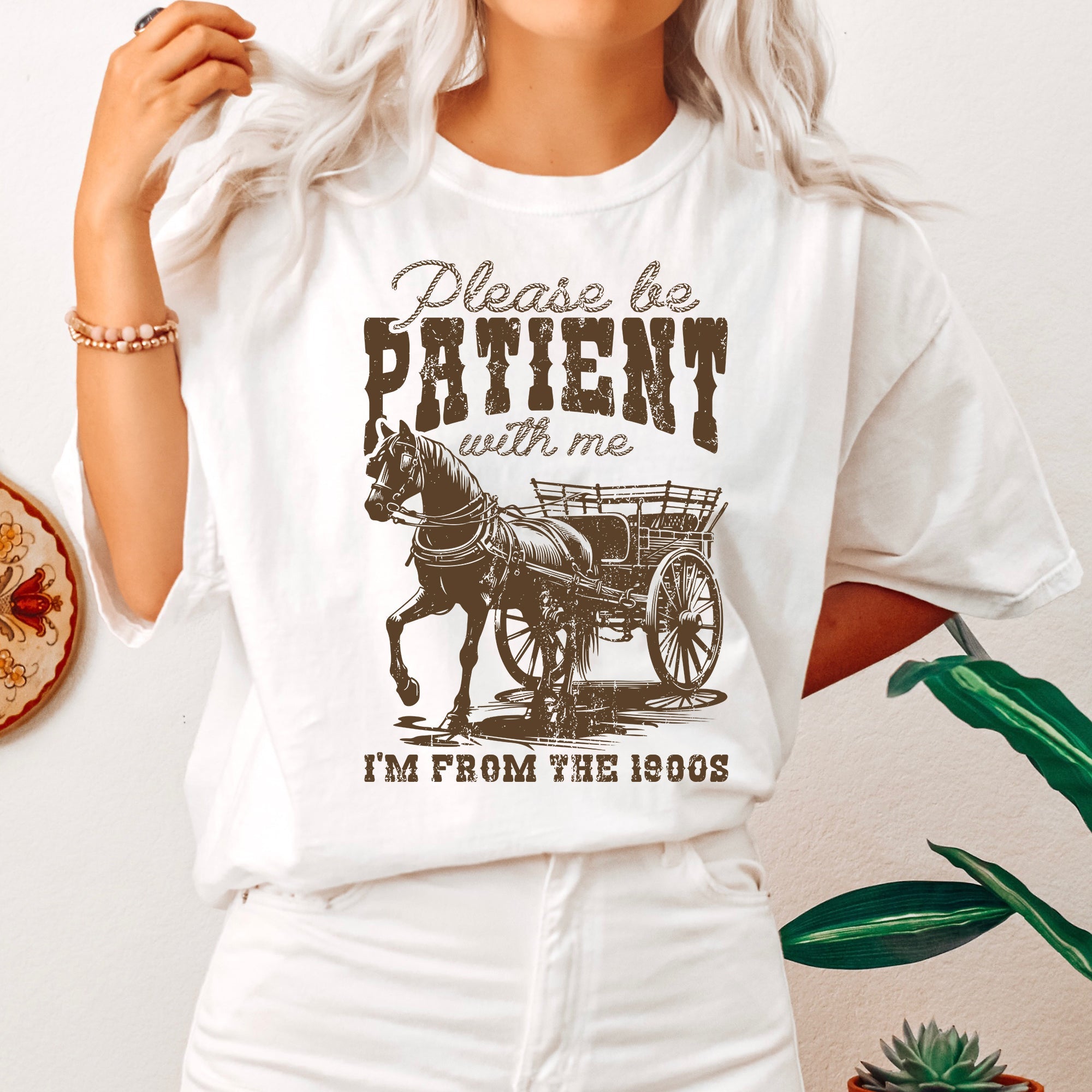 Please Be Patient 1900s Horse Western Country Funny Vintage Retro Comfort Colors Tee