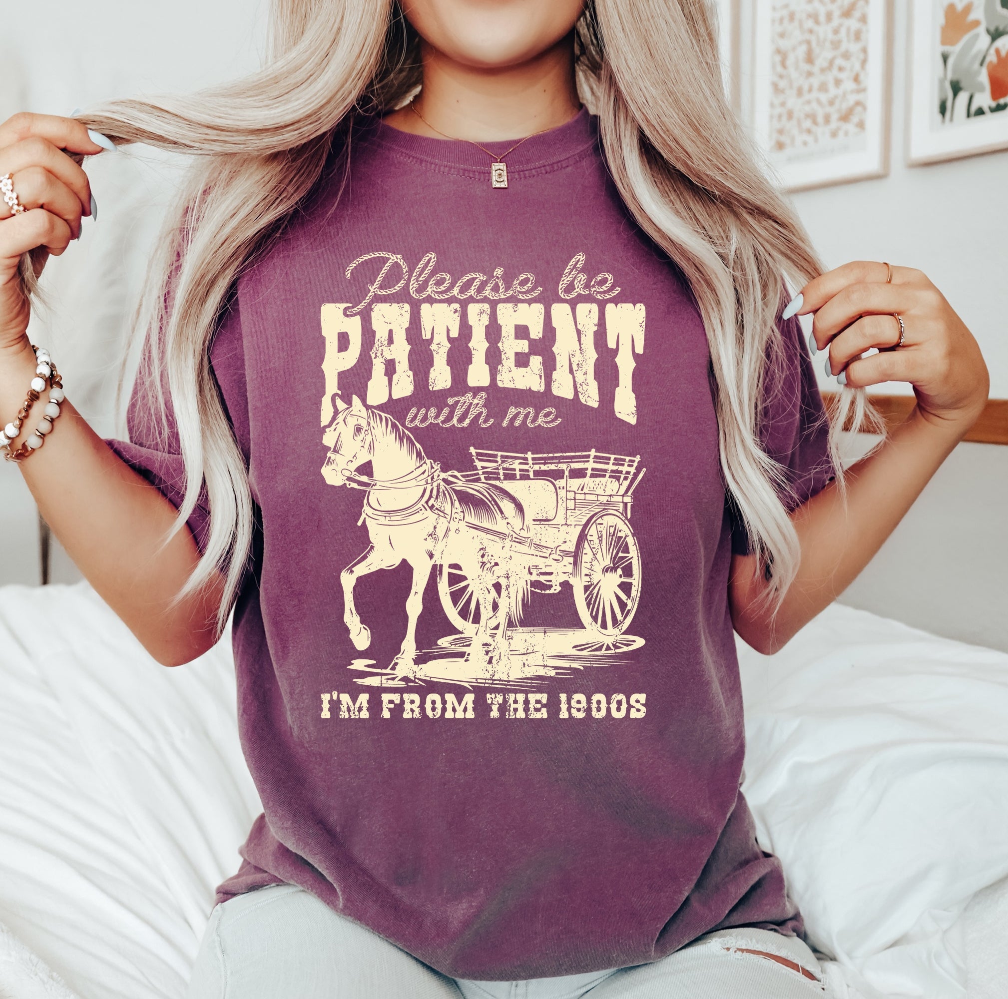 Please Be Patient 1900s Horse Western Country Funny Vintage Retro Comfort Colors Tee