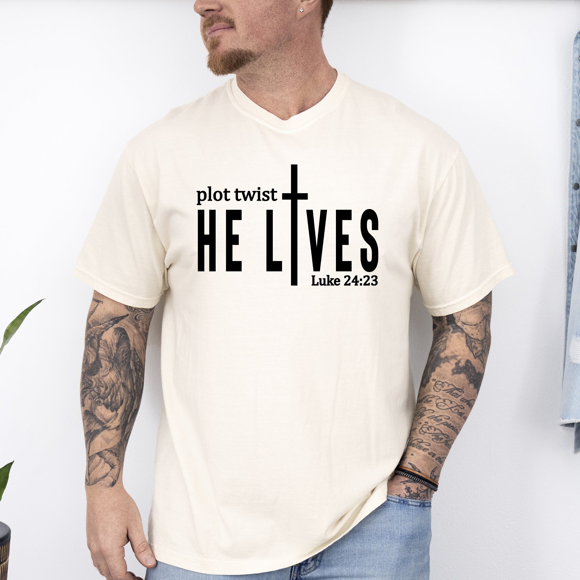 Plot Twist He Lives Christian Jesus Gospel Faith Saved Inspirational Message Comfort Colors Tee