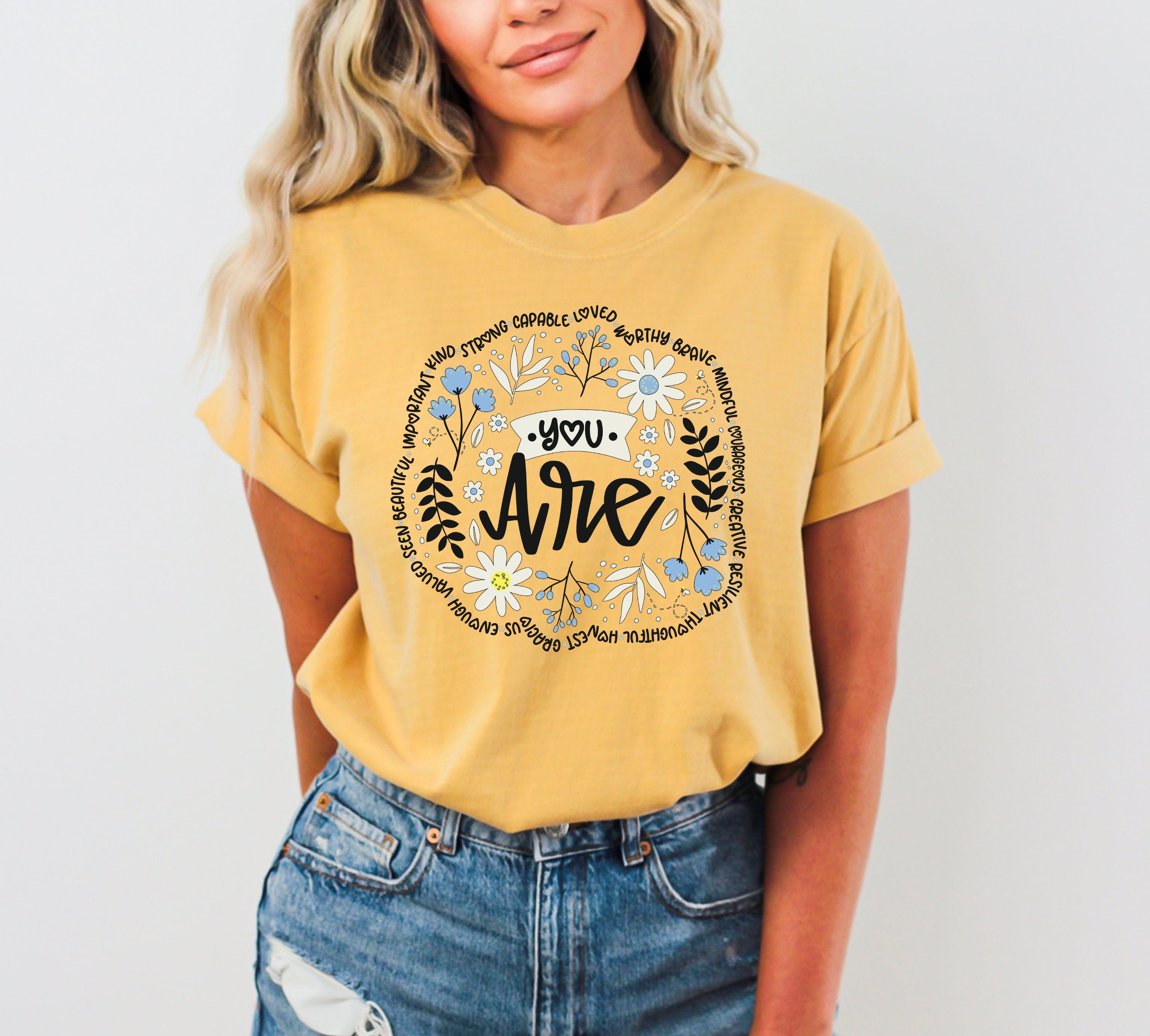 Positivity, You Are Enough, Flowers Retro Mental Health Self Care Comfort Colors Tee