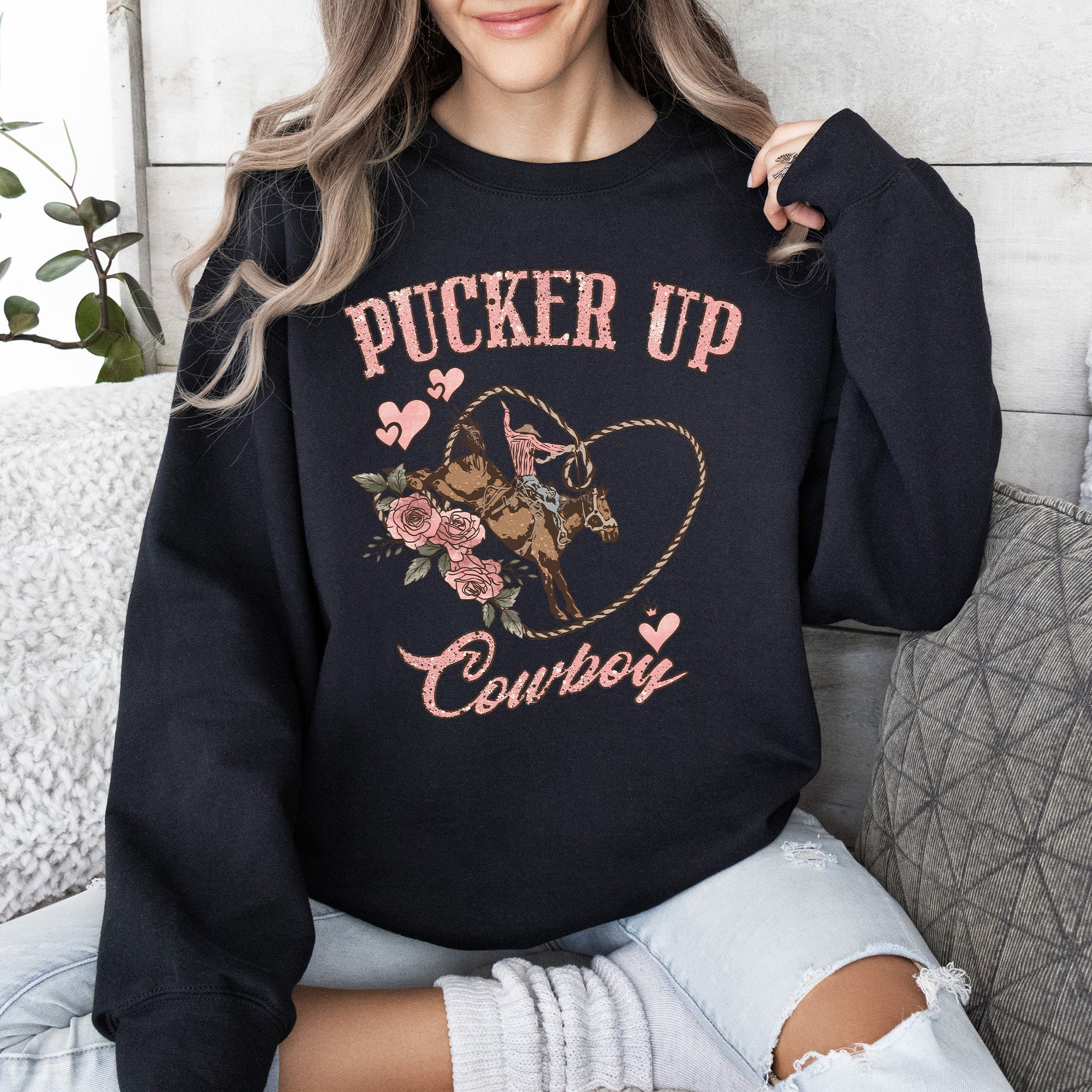 Pucker Up Cowboy Valentine's Western Rodeo Heart Love Buckaroo Romance Graphic Sweatshirt