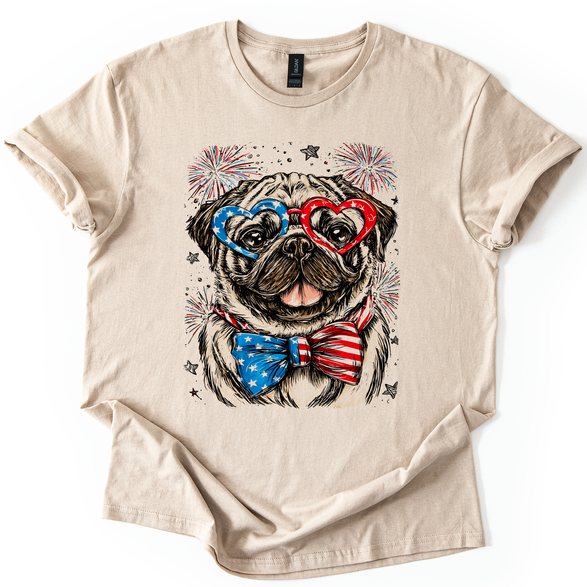 Pug Patriotic Dog USA Fourth Of July Pet Lover Soft Style All American Pup Graphic Tee