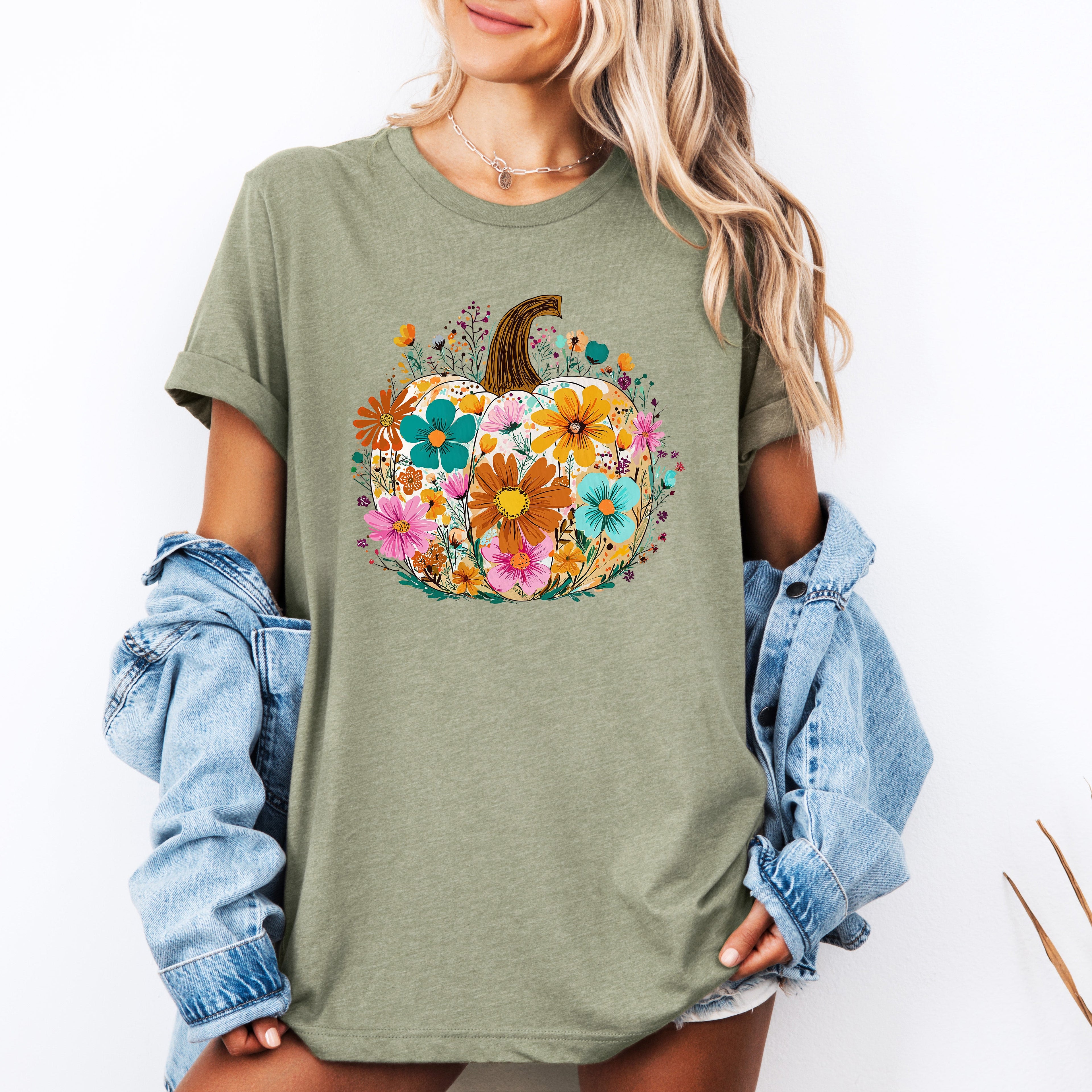 Pumpkin Floral Halloween Autumn Cozy Seasonal Vibes Festive Harvest Moon Charm Graphic Tee