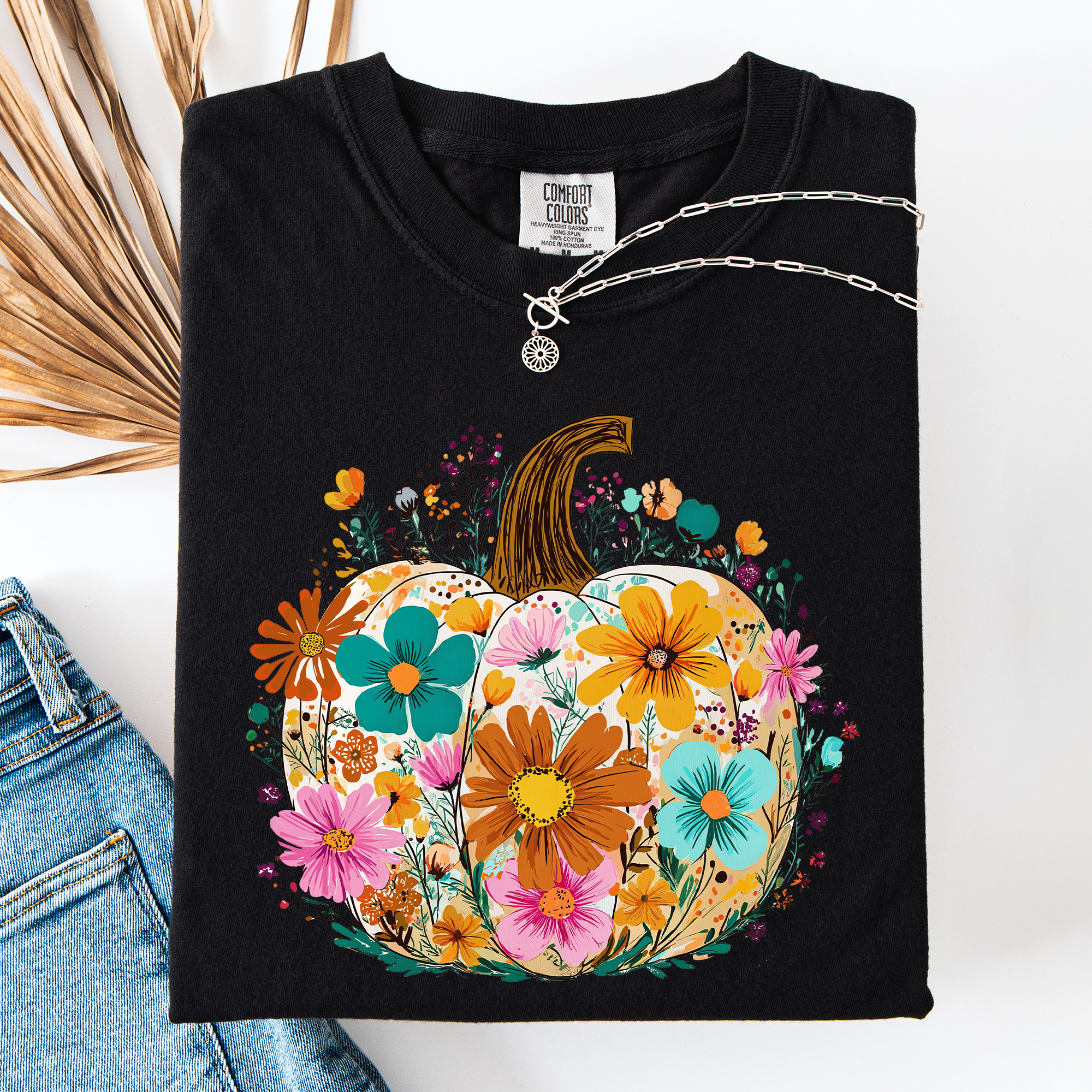 Pumpkin Floral Watercolor Leopard Print Pumpkins Bouquet Halloween Fall Comfort Colors Tee