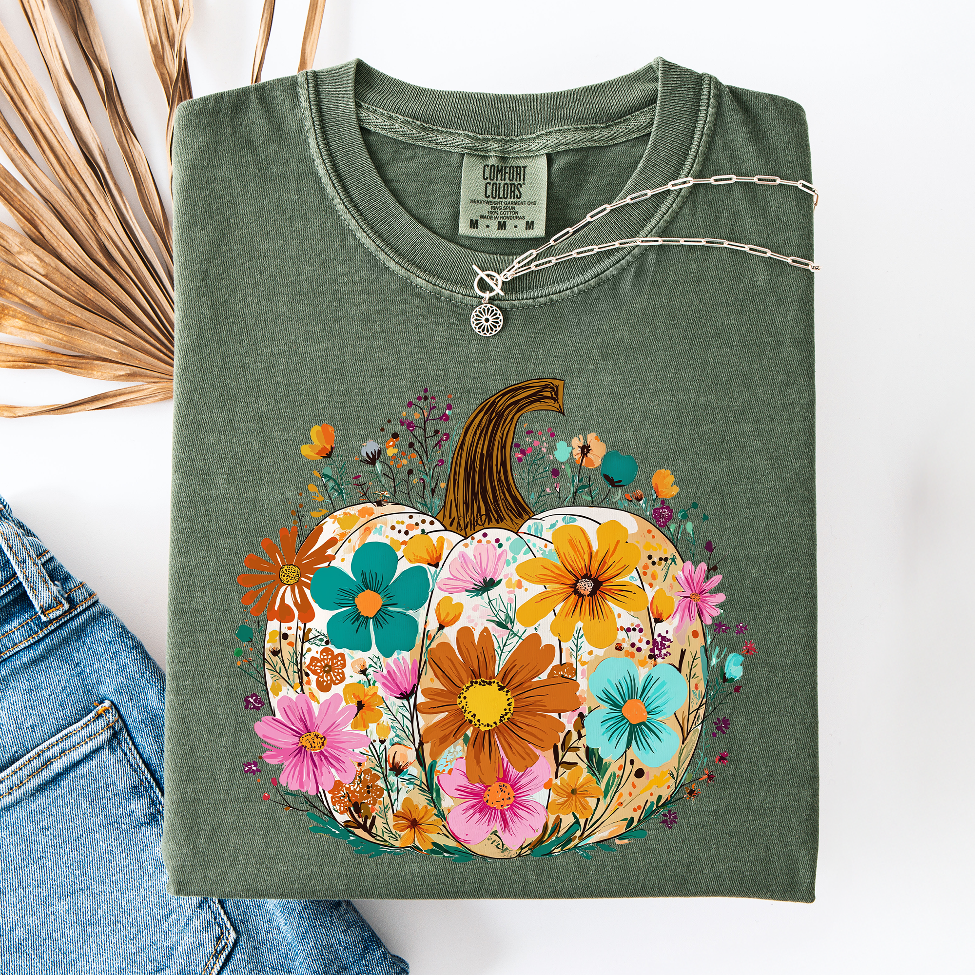 Pumpkin Floral Watercolor Leopard Print Pumpkins Bouquet Halloween Fall Comfort Colors Tee