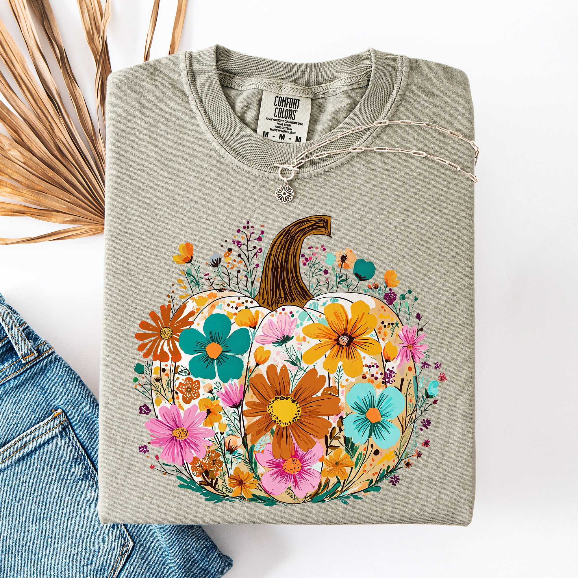 Pumpkin Floral Watercolor Leopard Print Pumpkins Bouquet Halloween Fall Comfort Colors Tee