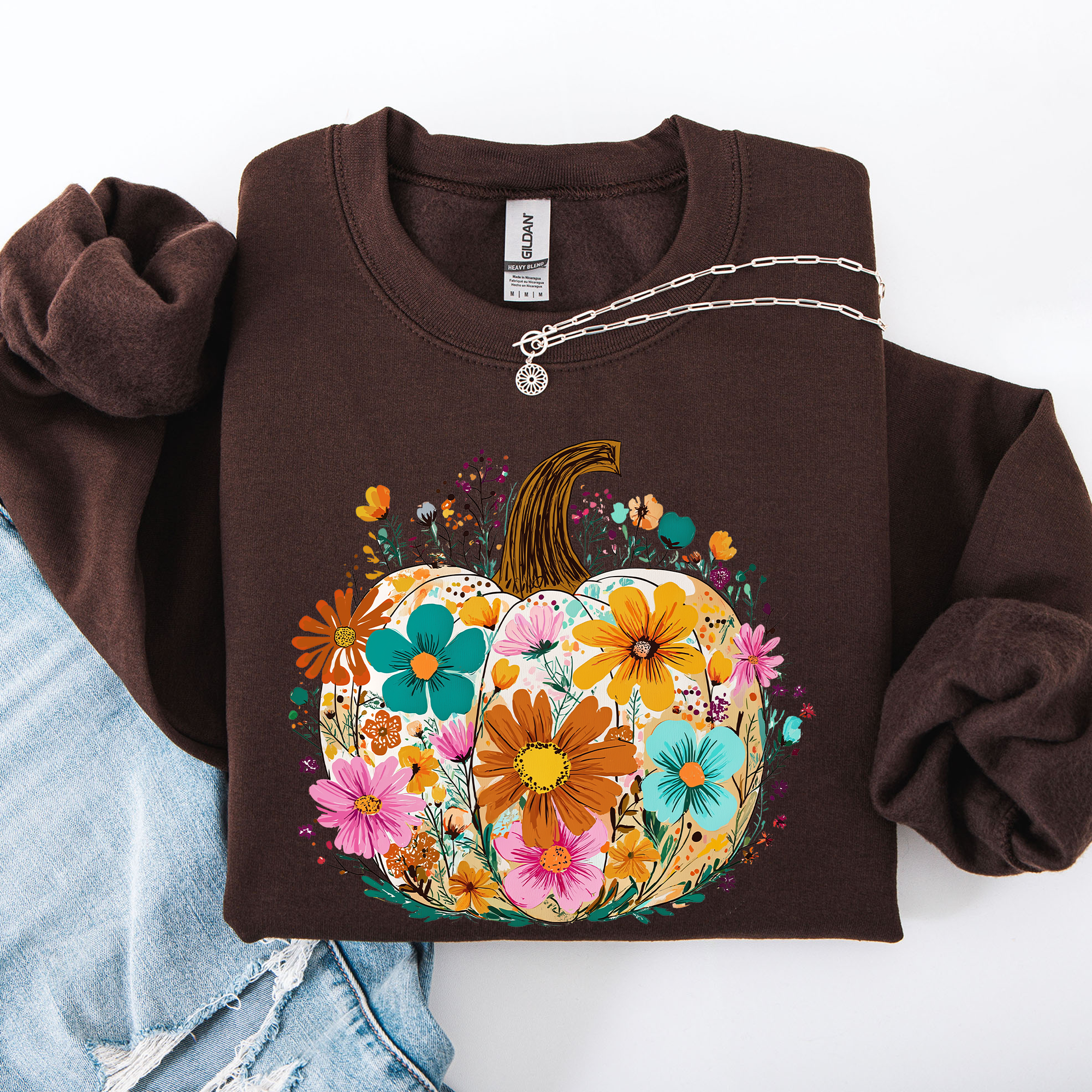 Pumpkin Floral Halloween Fall Autumn Harvest Sunflowers Seasonal Print Sweatshirt