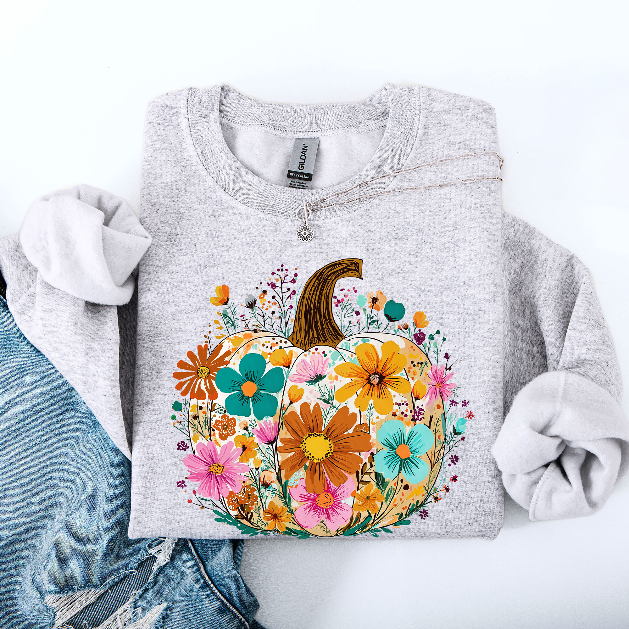 Pumpkin Floral Halloween Fall Autumn Harvest Sunflowers Seasonal Print Sweatshirt