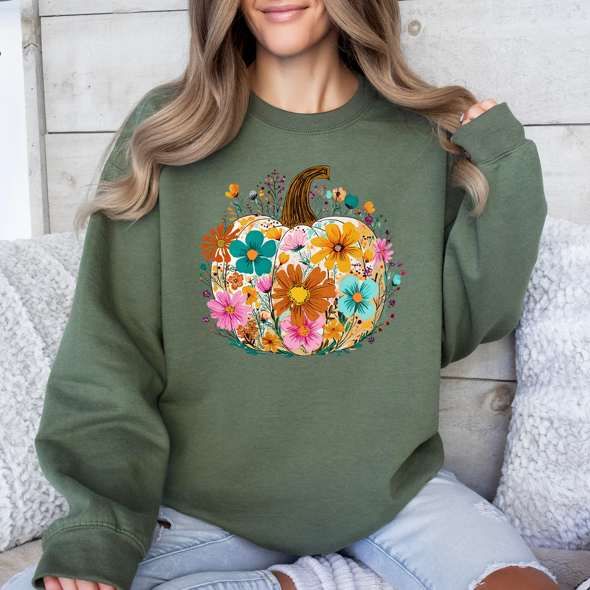 Pumpkin Floral Halloween Fall Autumn Harvest Sunflowers Seasonal Print Sweatshirt