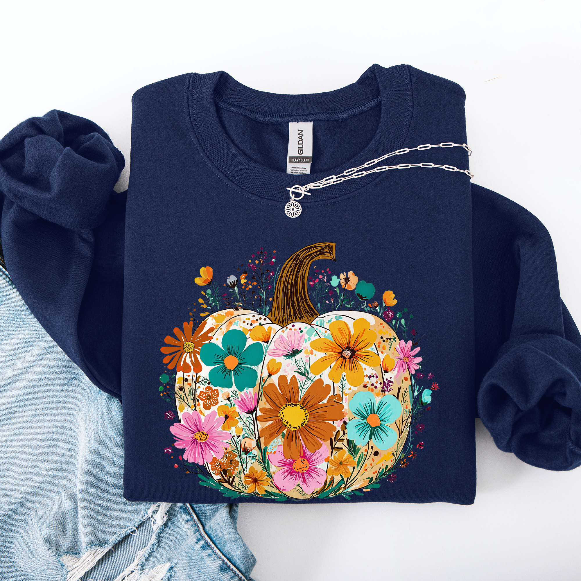 Pumpkin Floral Halloween Fall Autumn Harvest Sunflowers Seasonal Print Sweatshirt