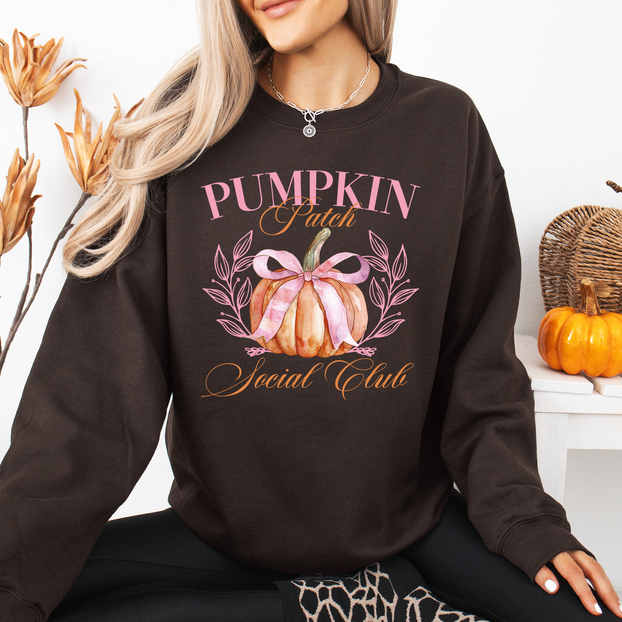 Pumpkin Patch Social Club Autumn Florals Sunflowers Patchwork Harvest Moon Motif Sweatshirt