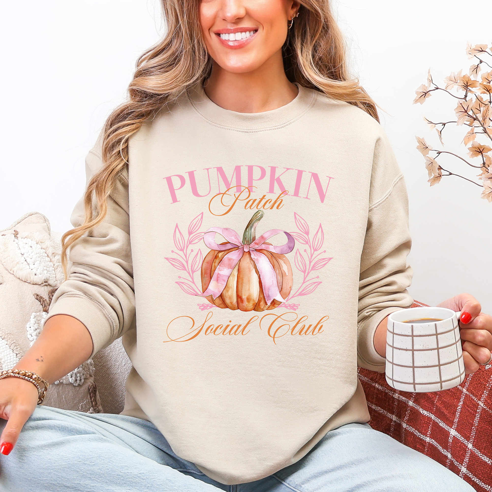Pumpkin Patch Social Club Autumn Florals Sunflowers Patchwork Harvest Moon Motif Sweatshirt
