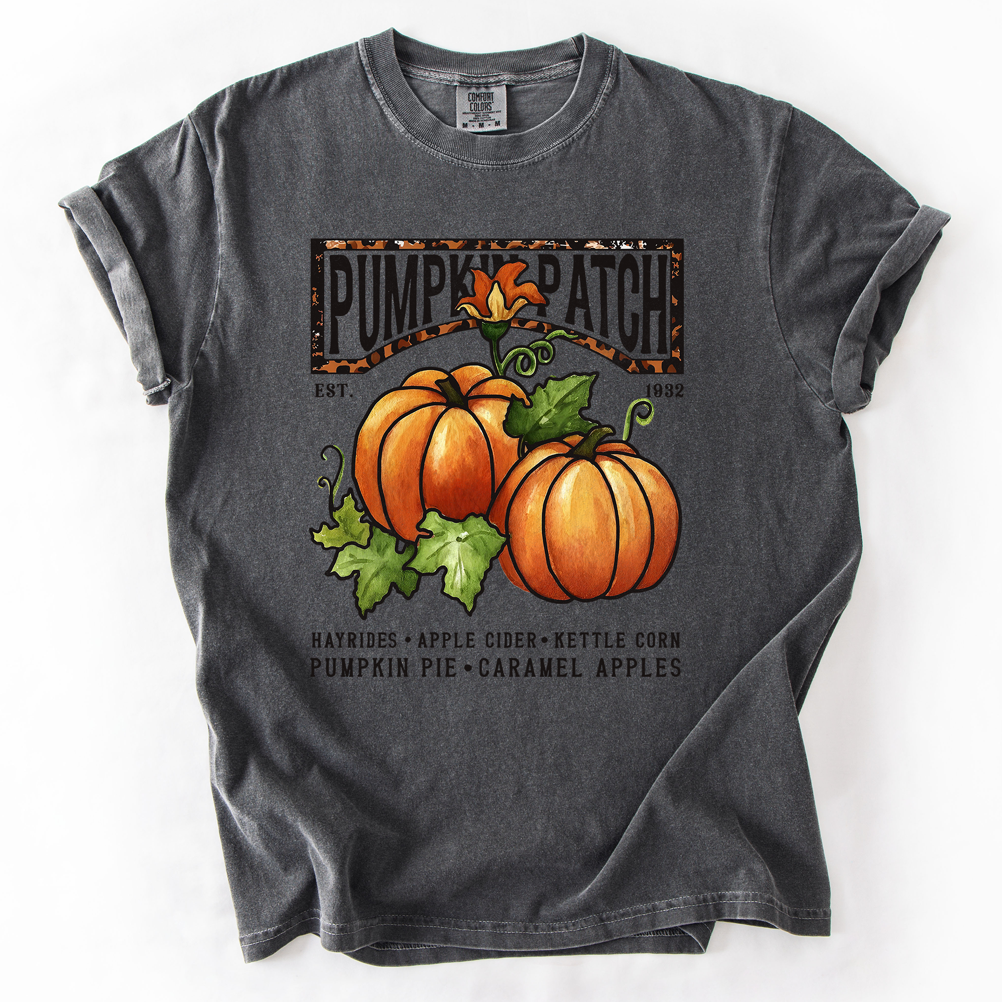 Pumpkin Patch Leopard Print Watercolor Pumpkins And Bouquet Autumn Comfort Colors Tee
