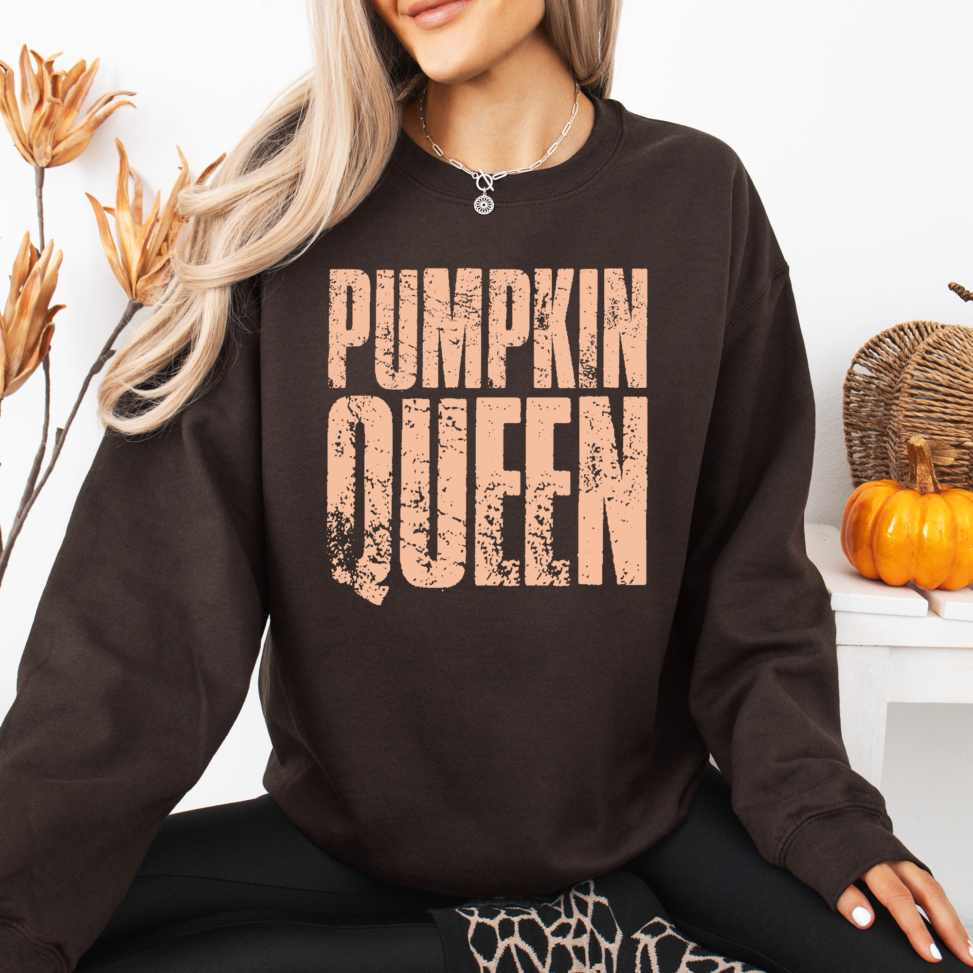 Pumpkin Queen Autumn Floral Sunflowers Harvest Cozy Knit Warm Nights Graphic Sweatshirt