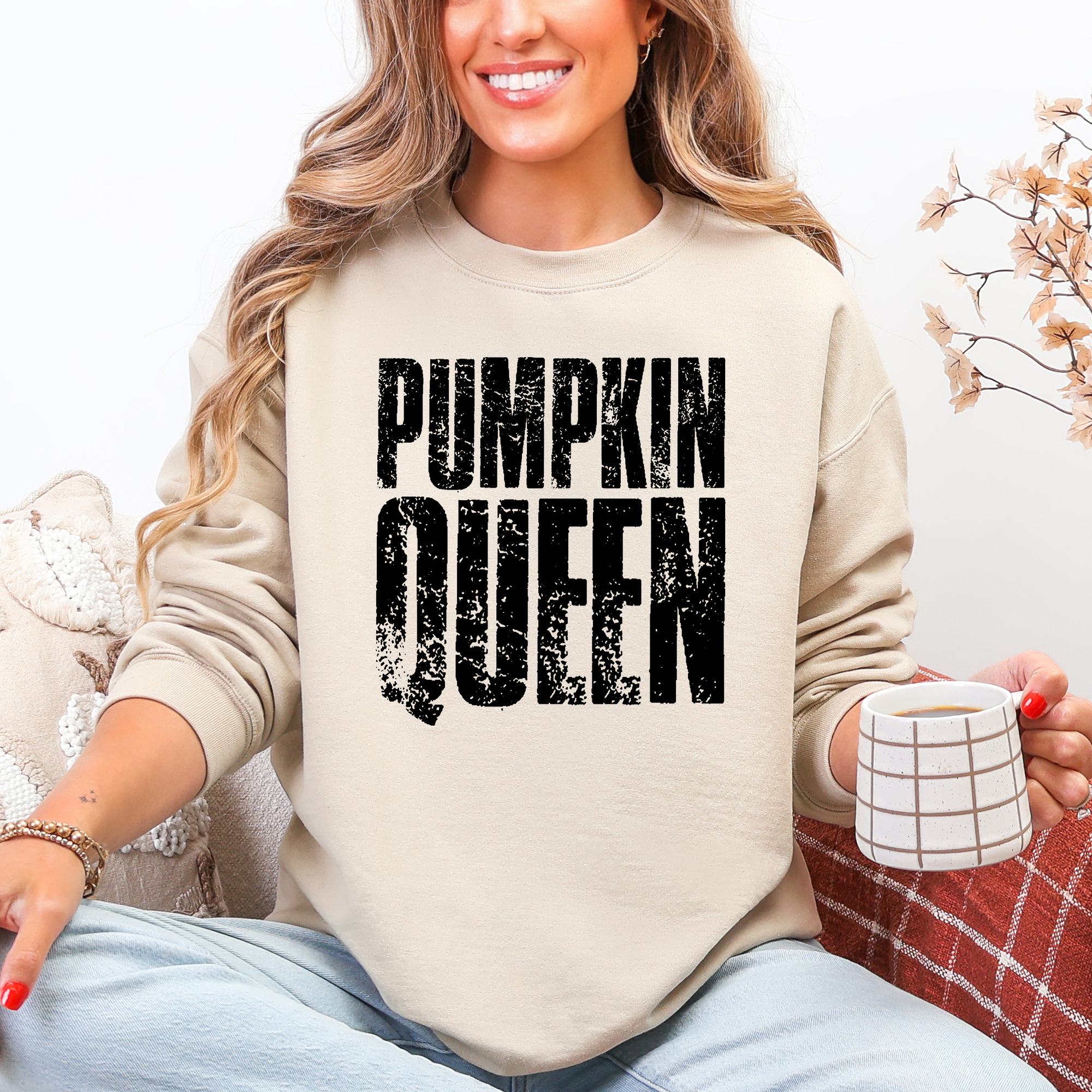 Pumpkin Queen Autumn Floral Sunflowers Harvest Cozy Knit Warm Nights Graphic Sweatshirt
