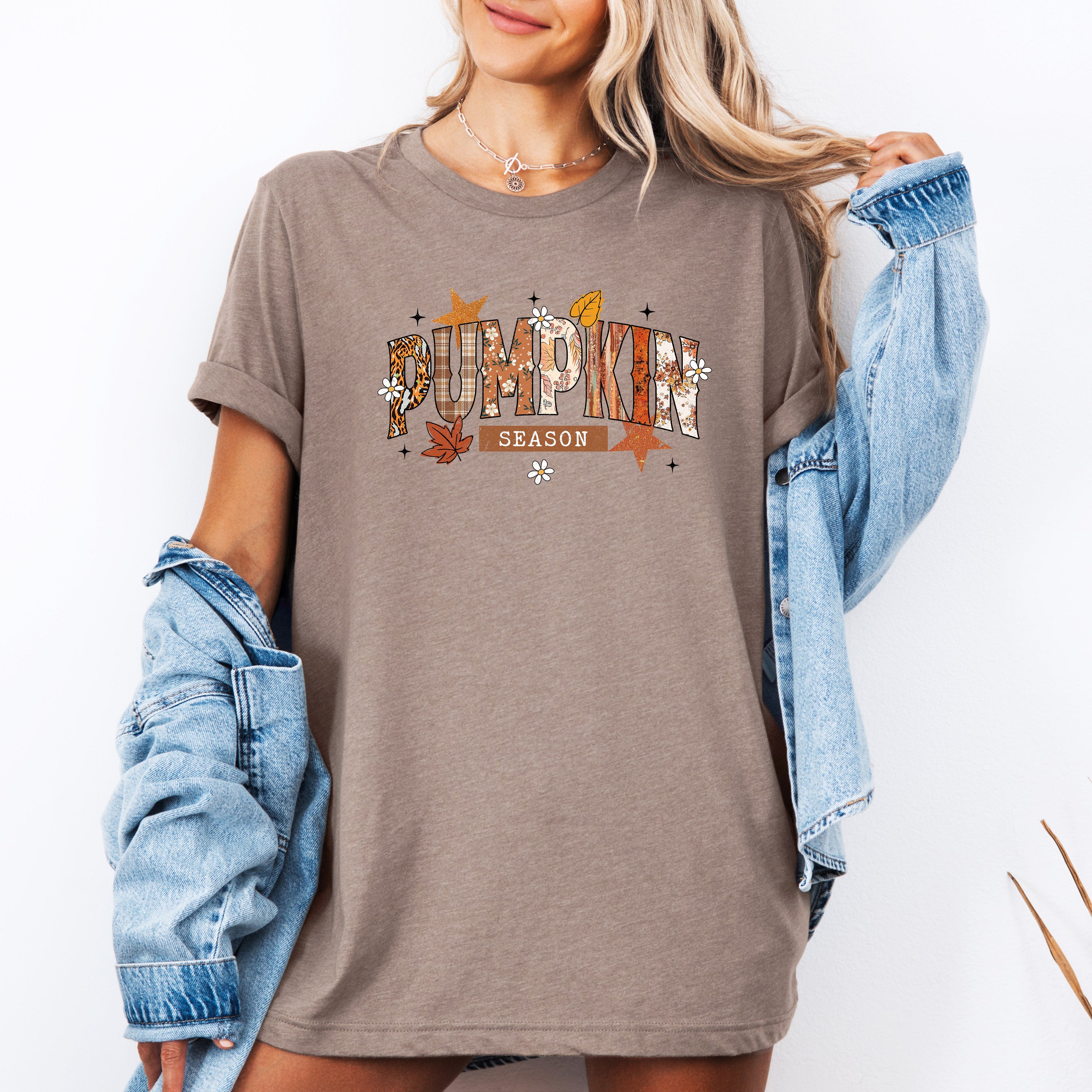 Pumpkin Season, Stars And Leaves Fall Cozy Nightscape With Autumn Glow And Harvest Moon Vibes Graphic Tee