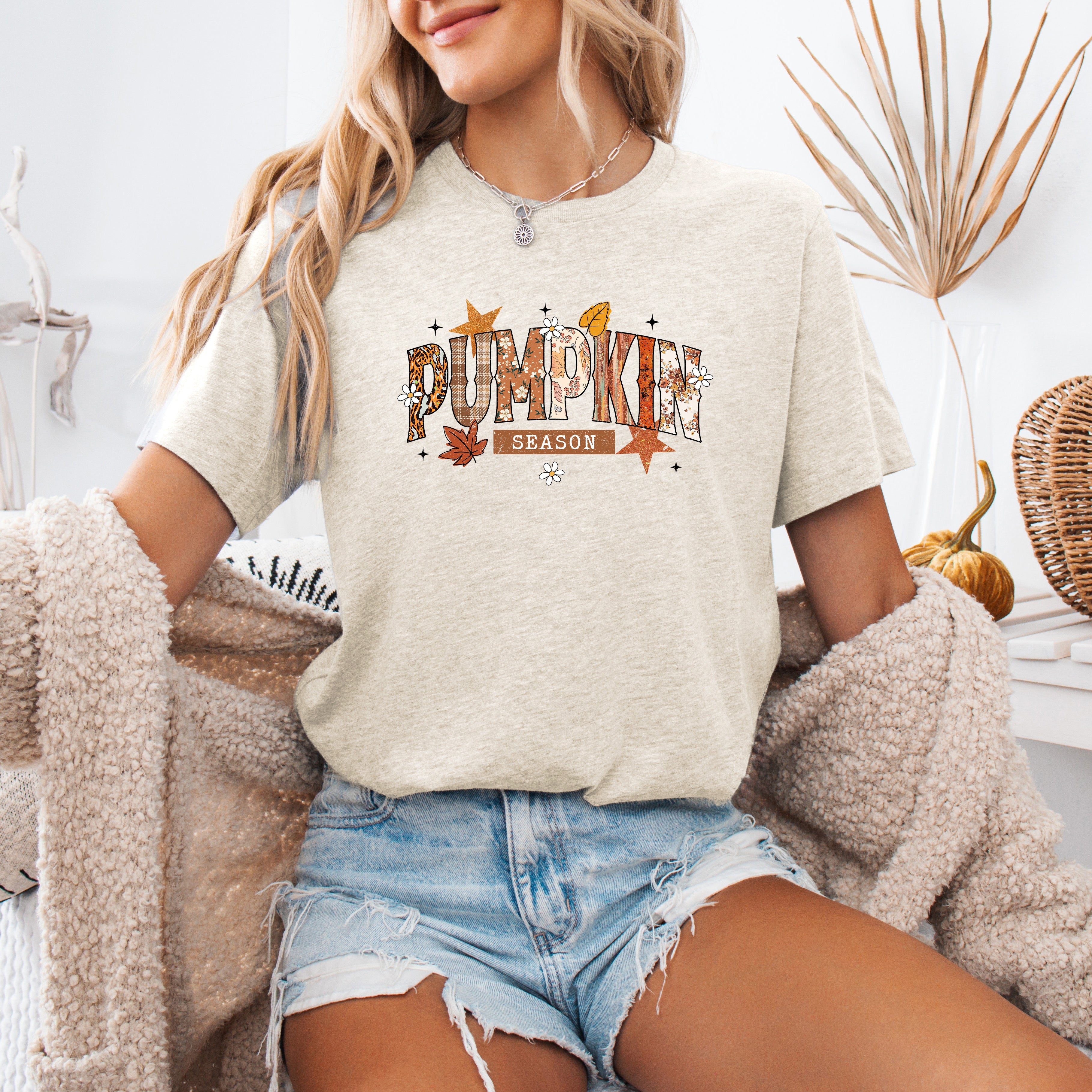 Pumpkin Season, Stars And Leaves Fall Cozy Nightscape With Autumn Glow And Harvest Moon Vibes Graphic Tee