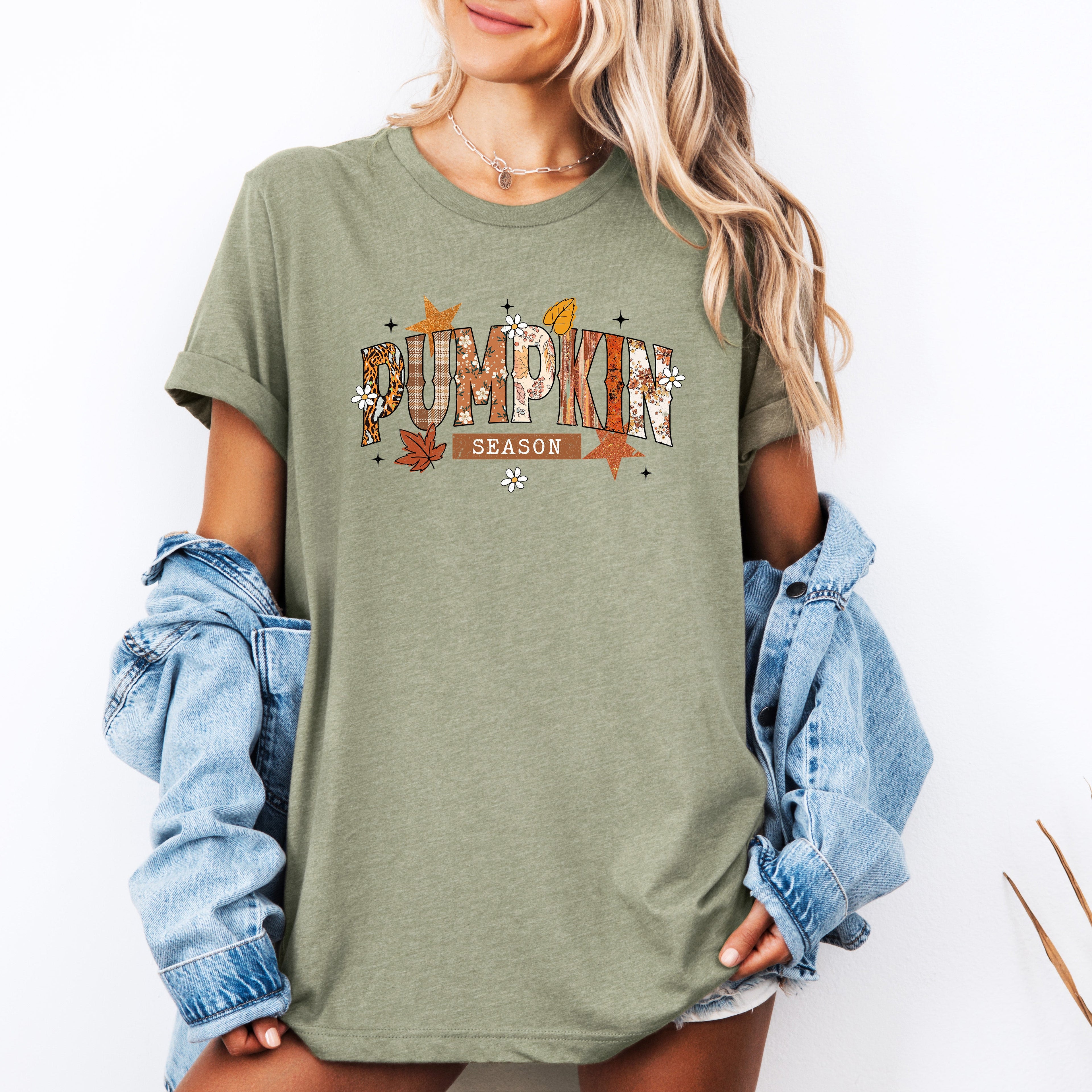 Pumpkin Season, Stars And Leaves Fall Cozy Nightscape With Autumn Glow And Harvest Moon Vibes Graphic Tee