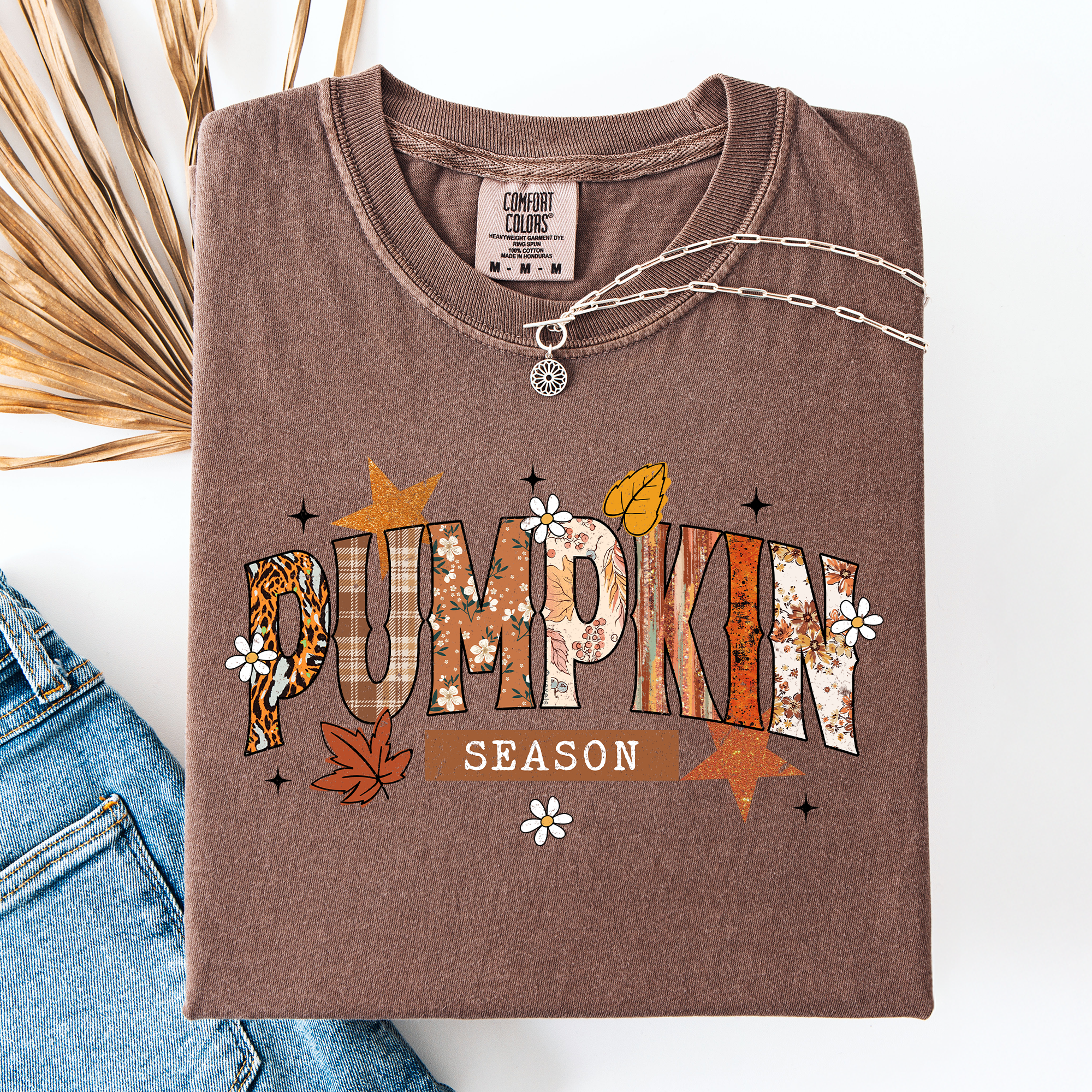 Pumpkin Season, Stars And Leaves Watercolor Autumn Scene Print Comfort Colors Tee