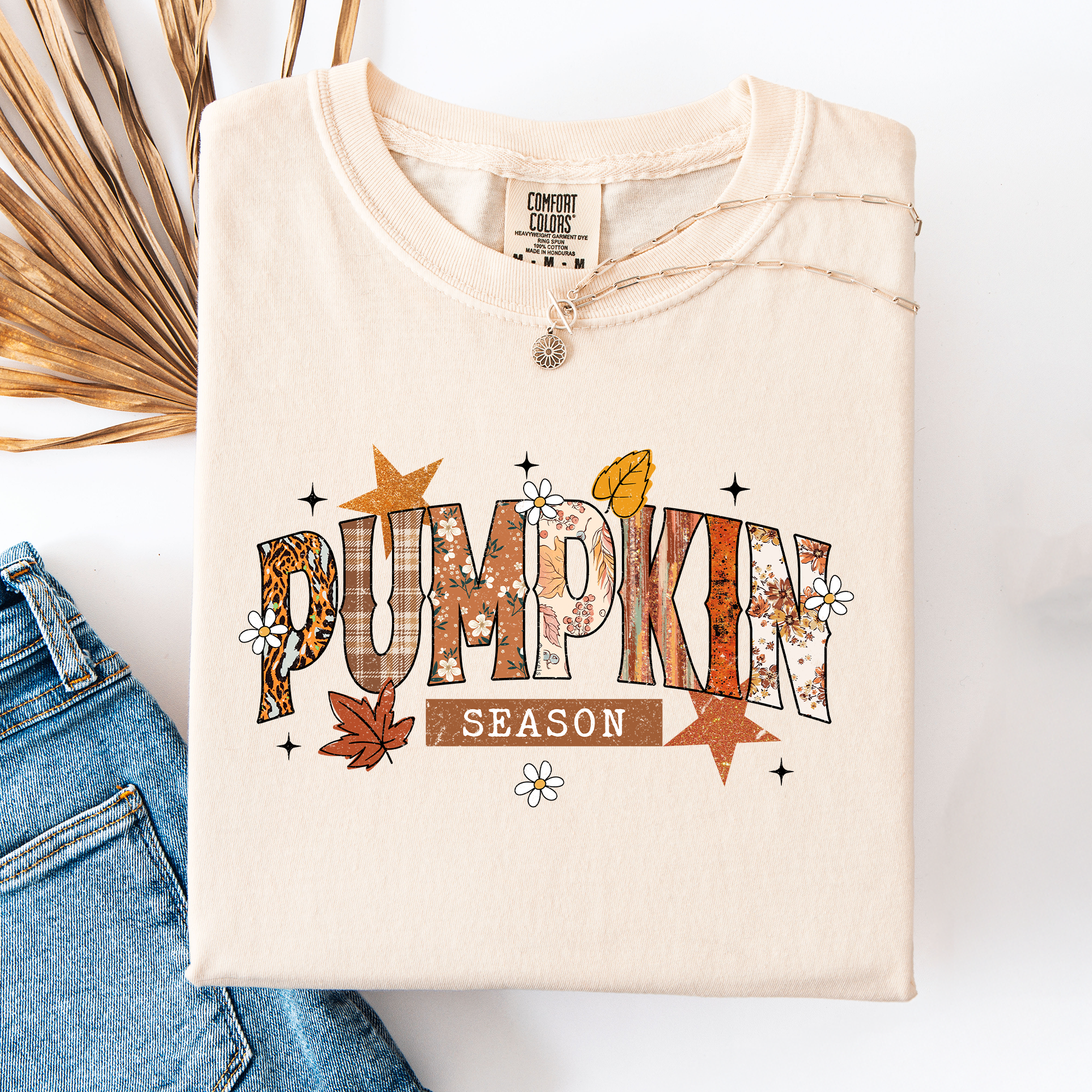 Pumpkin Season, Stars And Leaves Watercolor Autumn Scene Print Comfort Colors Tee