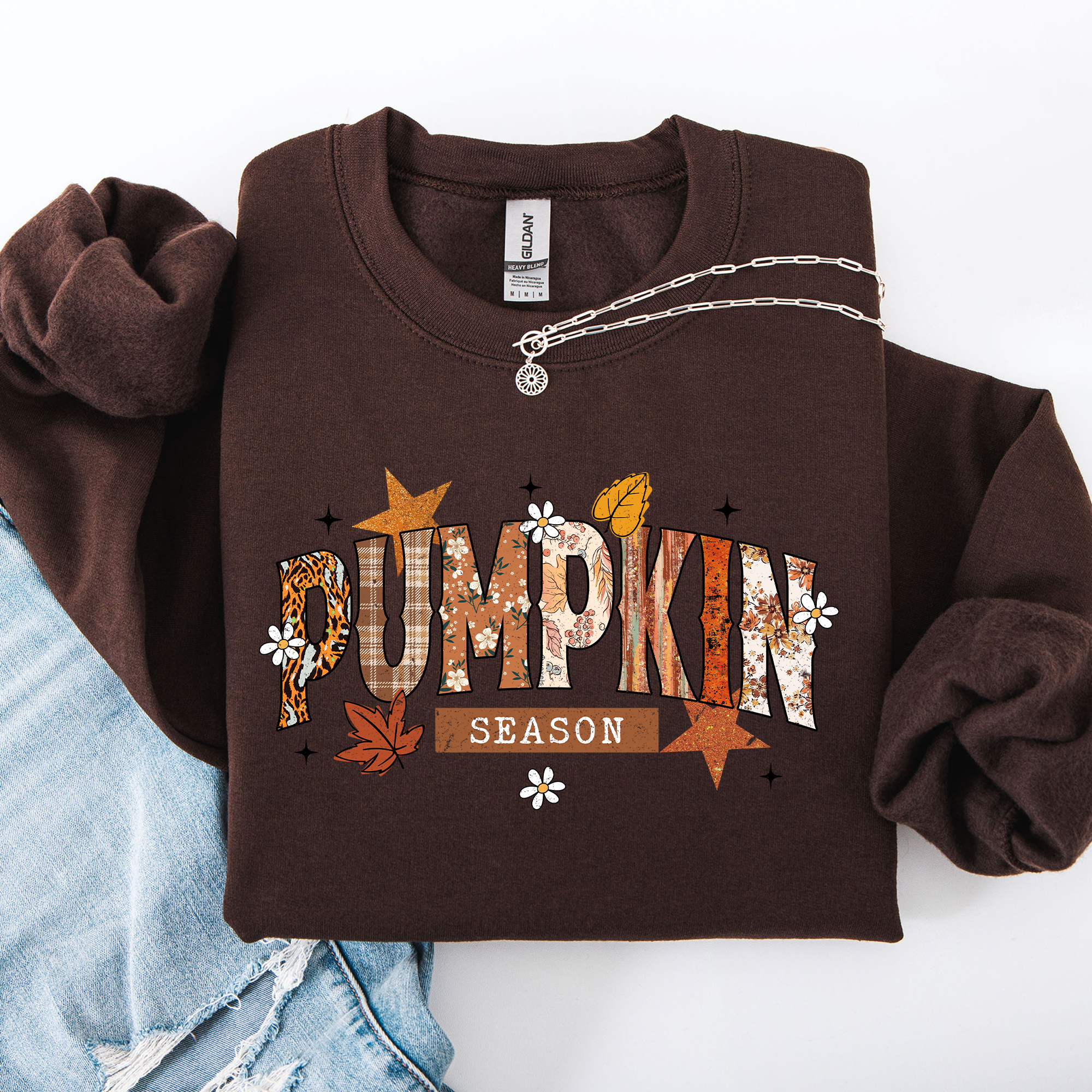 Pumpkin Season, Stars and Leaves Autumn Floral Pattern Cozy Weekend Wear Sweatshirt