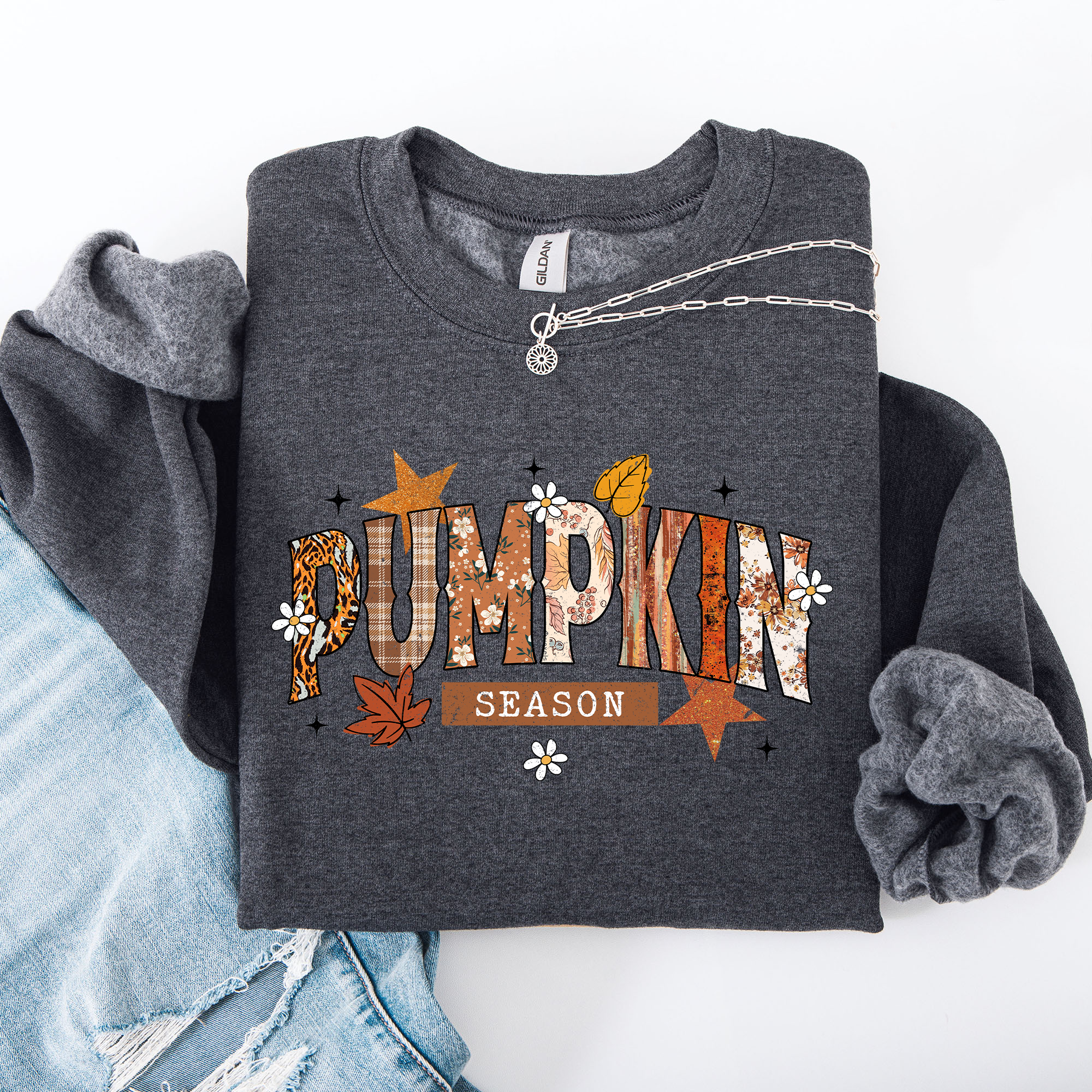 Pumpkin Season, Stars and Leaves Autumn Floral Pattern Cozy Weekend Wear Sweatshirt