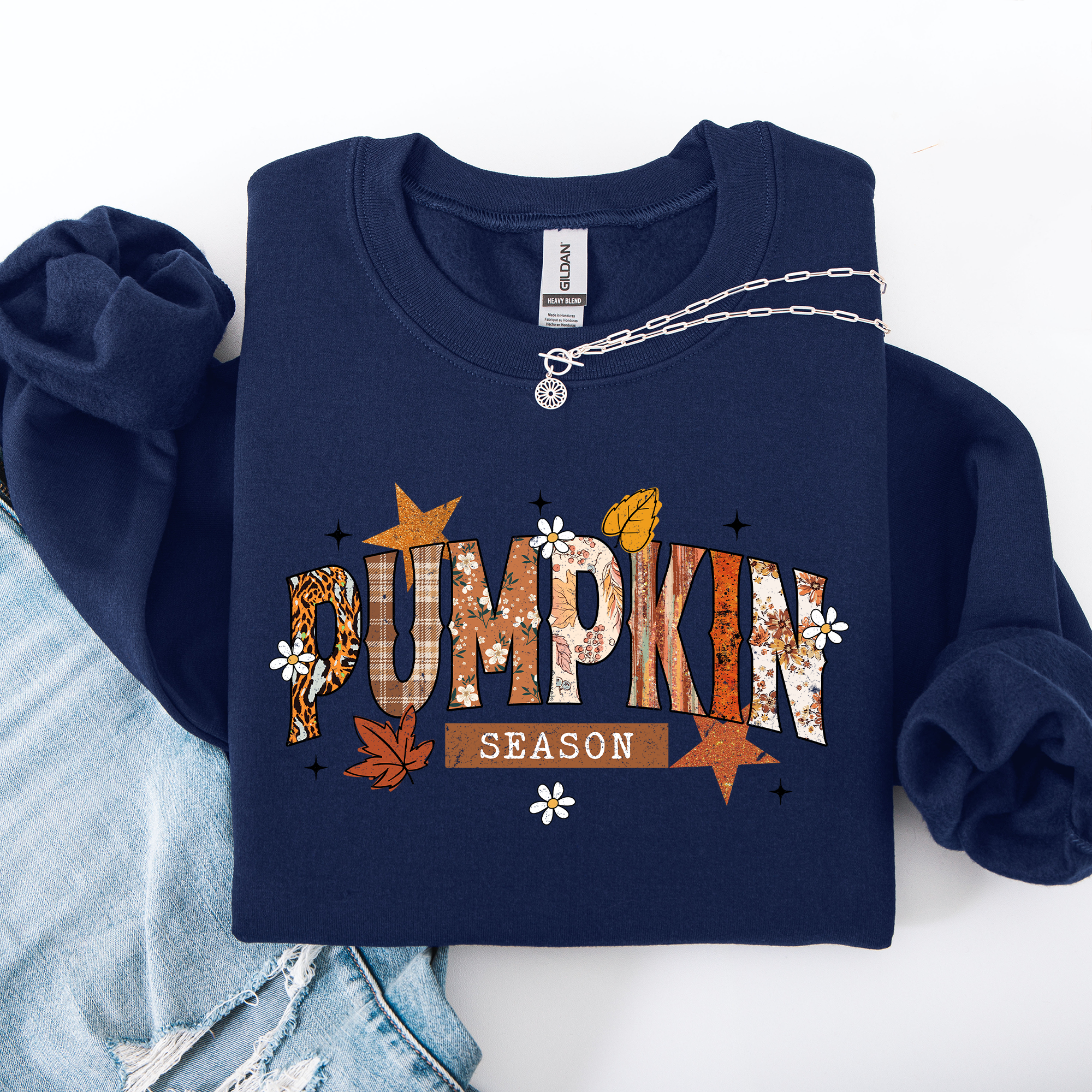 Pumpkin Season, Stars and Leaves Autumn Floral Pattern Cozy Weekend Wear Sweatshirt