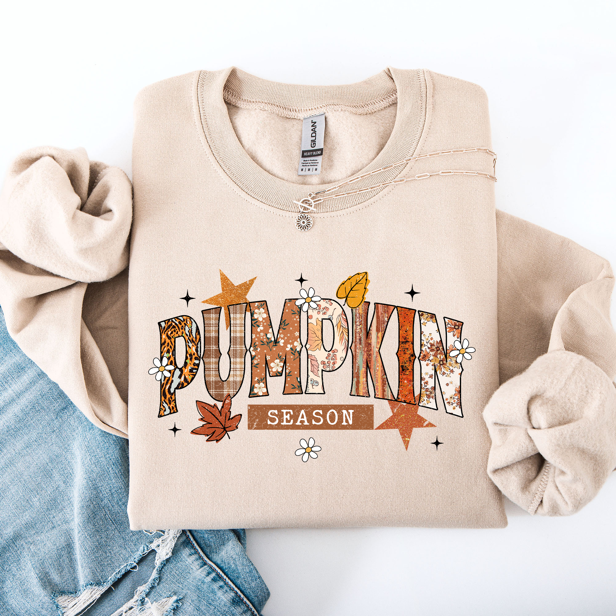 Pumpkin Season, Stars and Leaves Autumn Floral Pattern Cozy Weekend Wear Sweatshirt