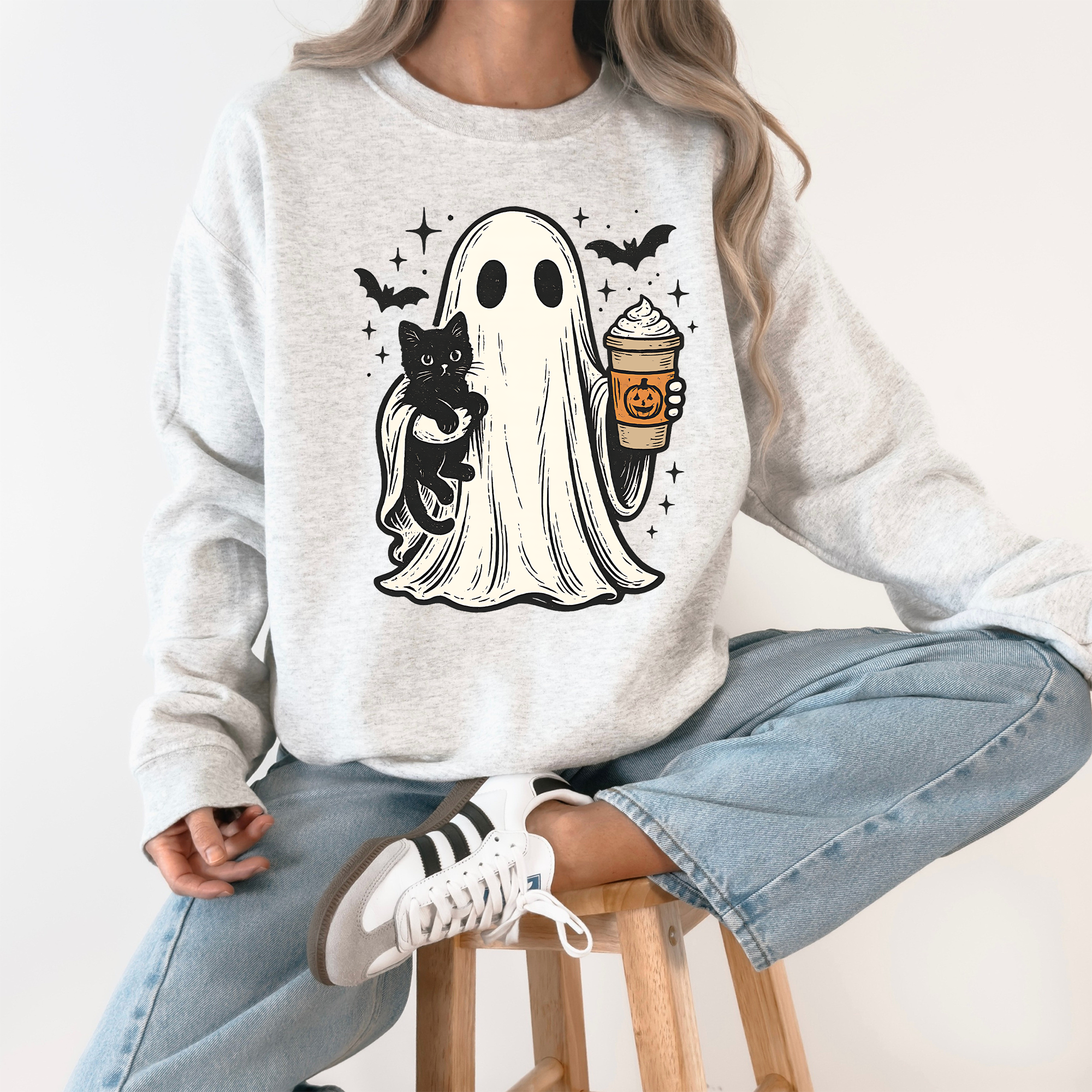Pumpkin Spice Latte Ghost Witch Halloween Cat Bats Leopard Patchwork Autumn Sweatshirt
