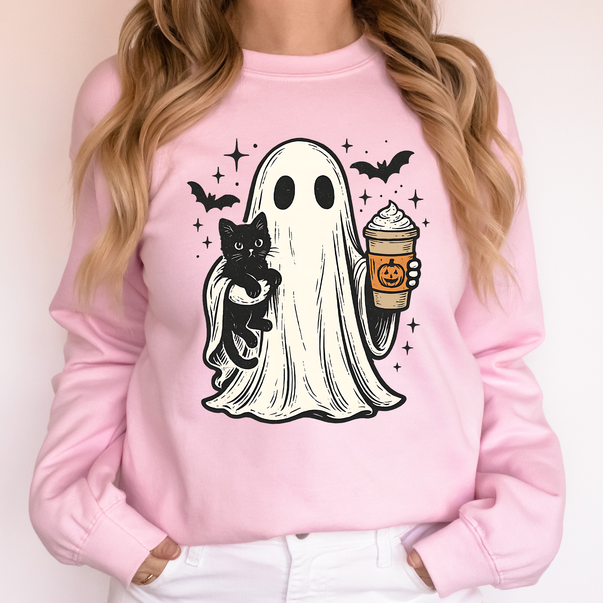 Pumpkin Spice Latte Ghost Witch Halloween Cat Bats Leopard Patchwork Autumn Sweatshirt