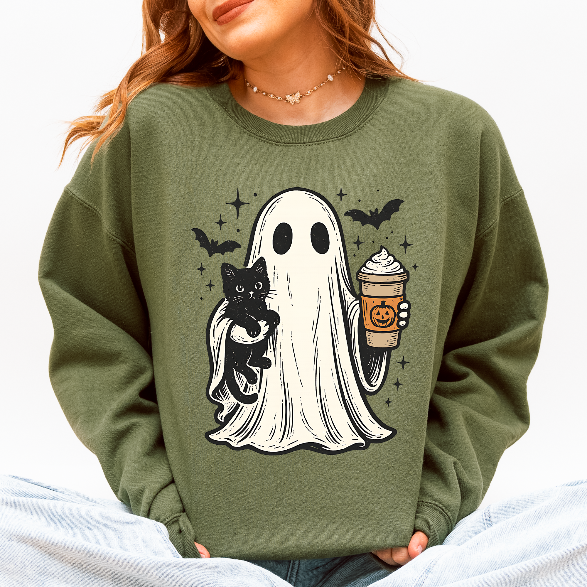 Pumpkin Spice Latte Ghost Witch Halloween Cat Bats Leopard Patchwork Autumn Sweatshirt