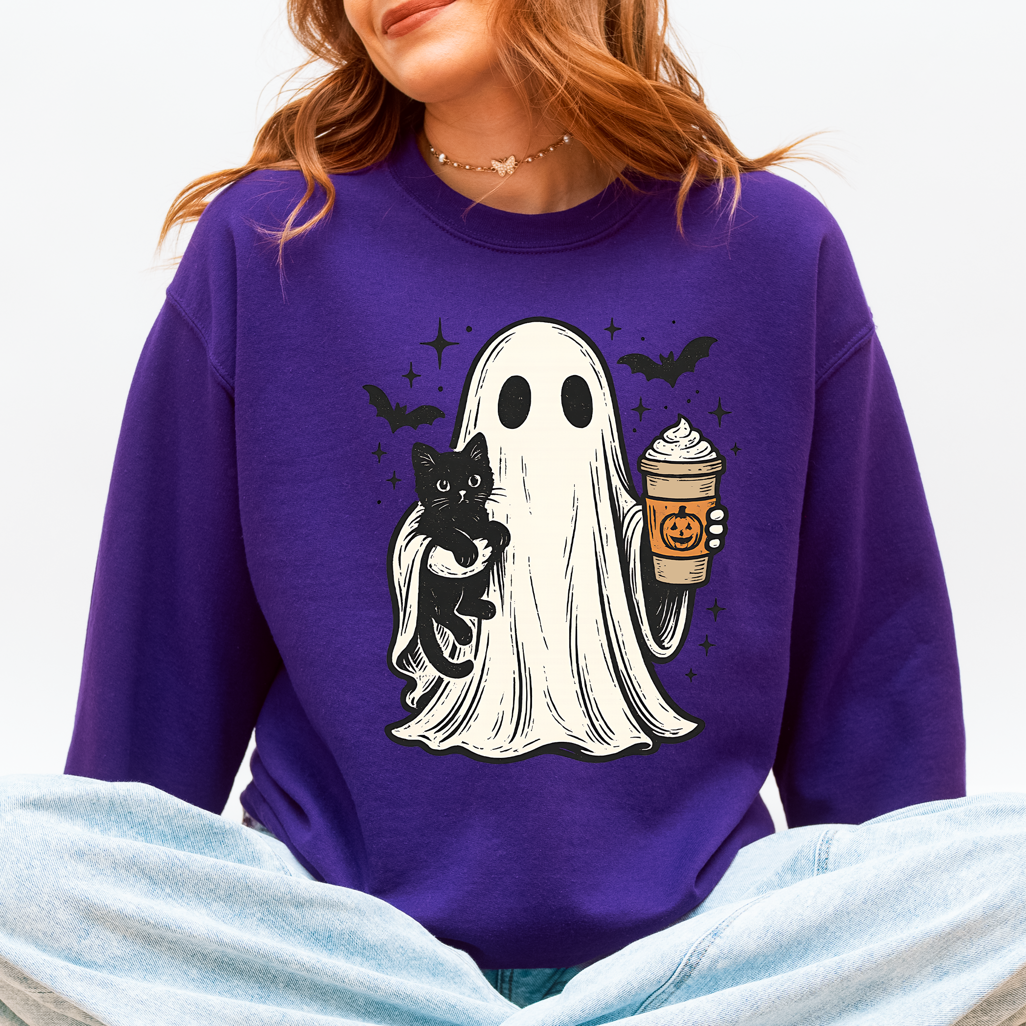 Pumpkin Spice Latte Ghost Witch Halloween Cat Bats Leopard Patchwork Autumn Sweatshirt