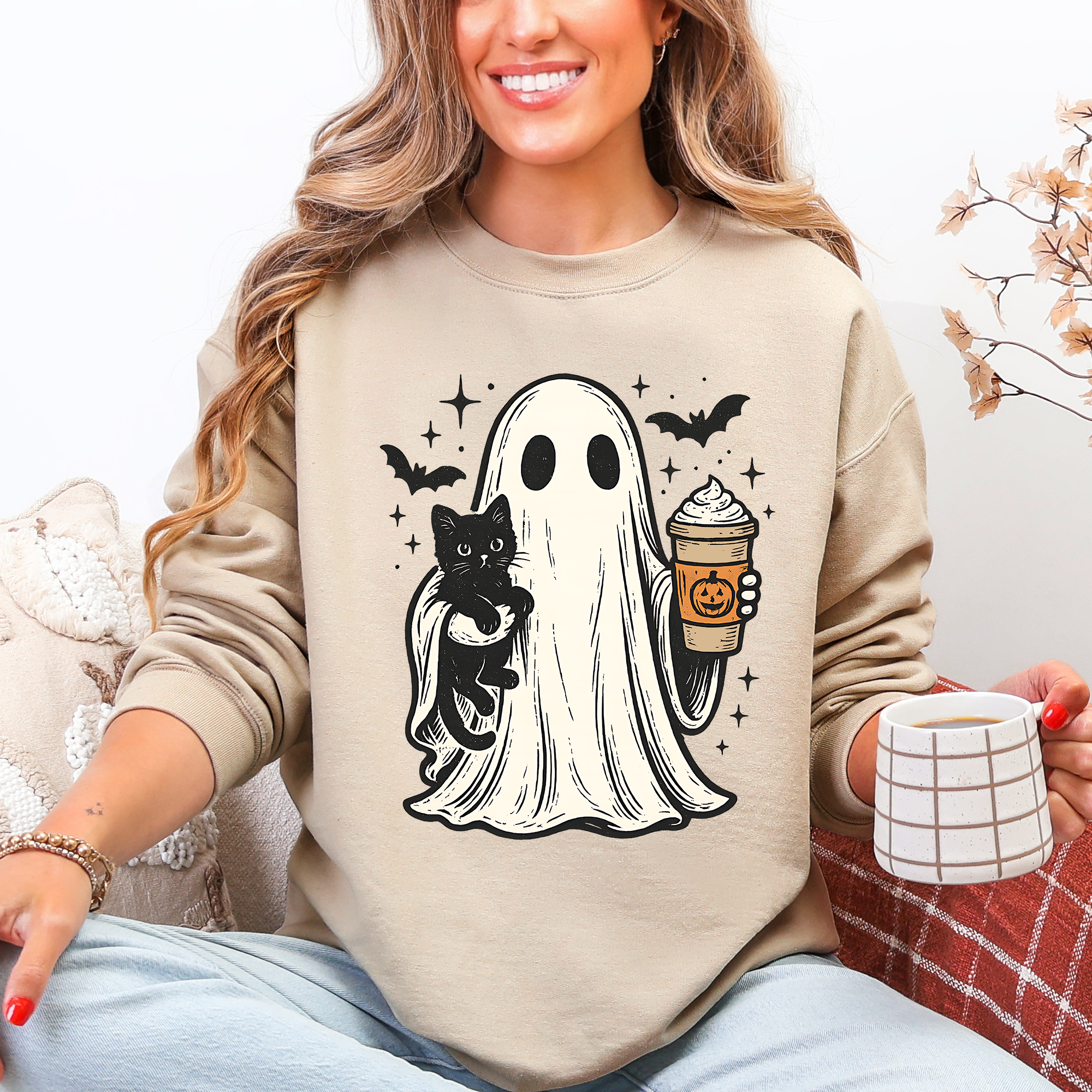 Pumpkin Spice Latte Ghost Witch Halloween Cat Bats Leopard Patchwork Autumn Sweatshirt