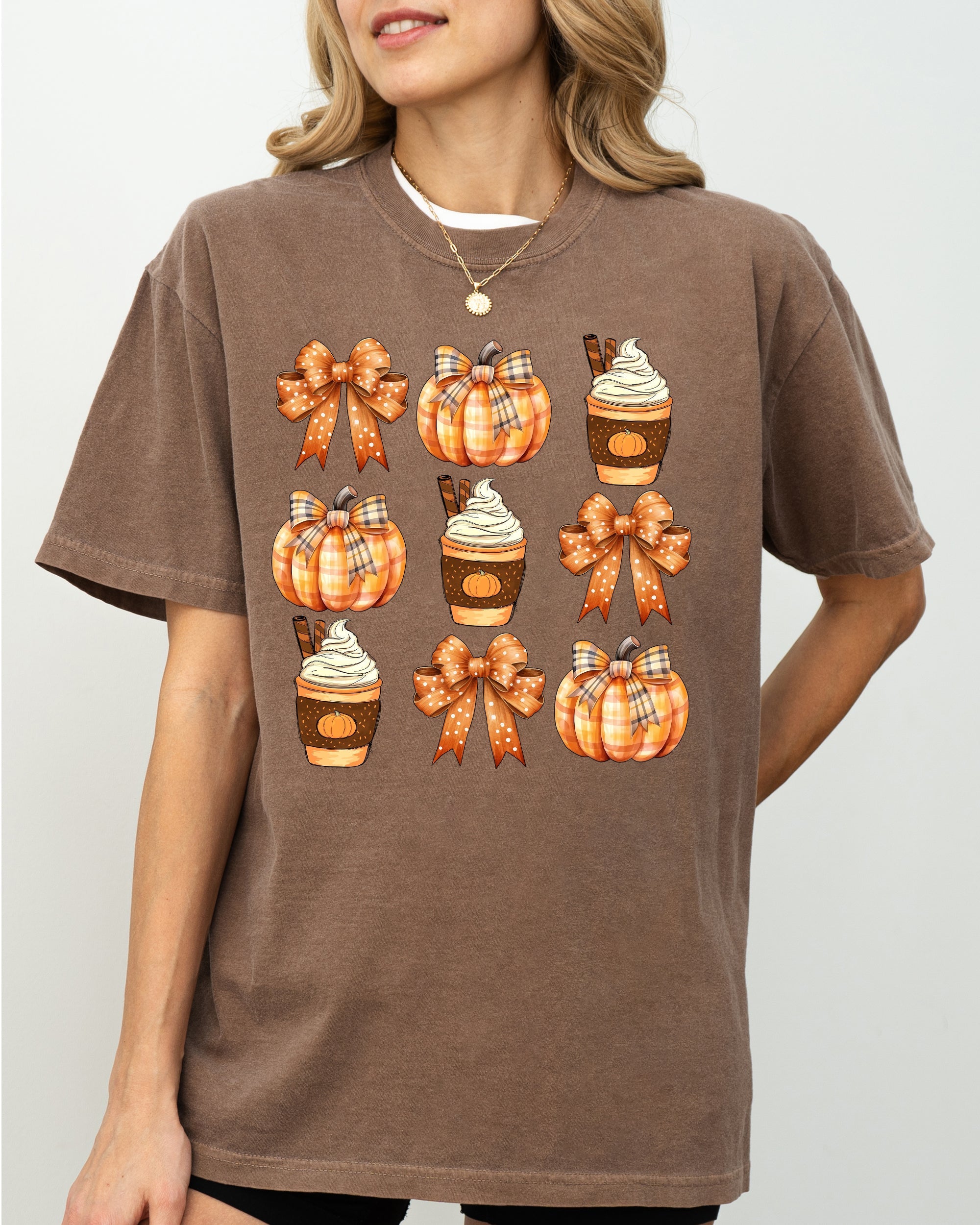 Pumpkin Spice Latte Ribbons Fall Coffee Pumpkins Autumn Thanksgiving Halloween Bows Comfort Colors Tee